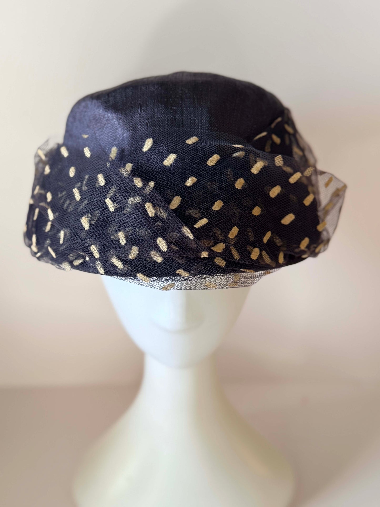 Vintage Fisk Chicago Navy Blue Veiled Pillbox Hat | 1950s Sheer Polka Dot Cocktail Hat | Mid Century Minimalist Millinery | Elegant Mad Men Style Hat