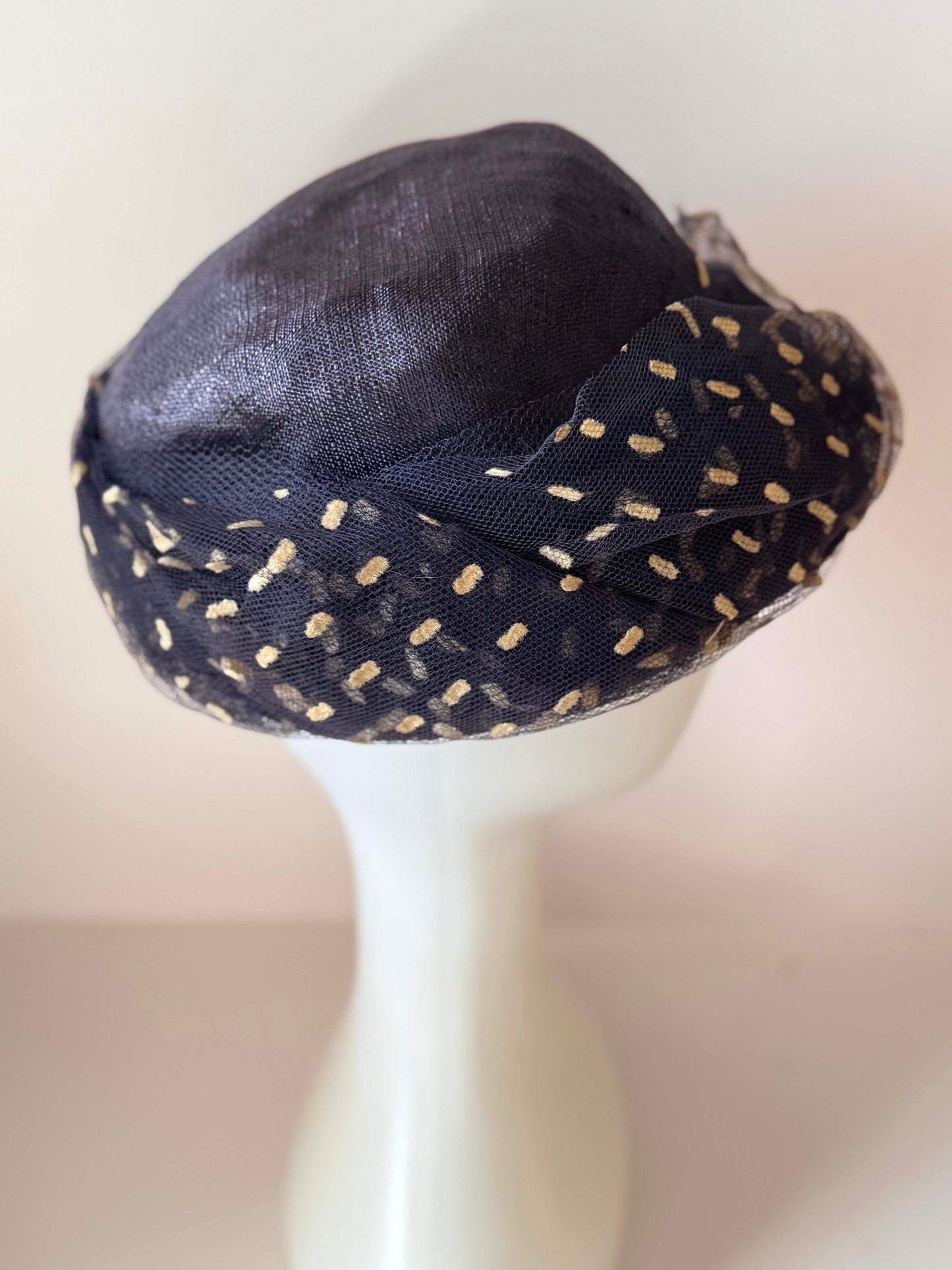 Vintage Fisk Chicago Navy Blue Veiled Pillbox Hat | 1950s Sheer Polka Dot Cocktail Hat | Mid Century Minimalist Millinery | Elegant Mad Men Style Hat