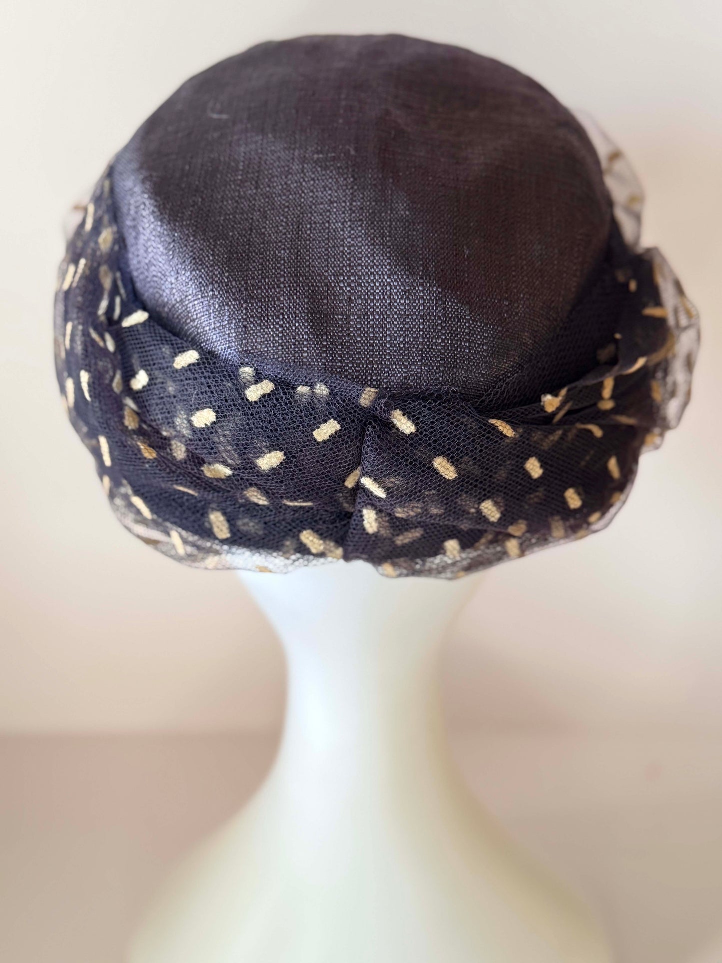 Vintage Fisk Chicago Navy Blue Veiled Pillbox Hat | 1950s Sheer Polka Dot Cocktail Hat | Mid Century Minimalist Millinery | Elegant Mad Men Style Hat