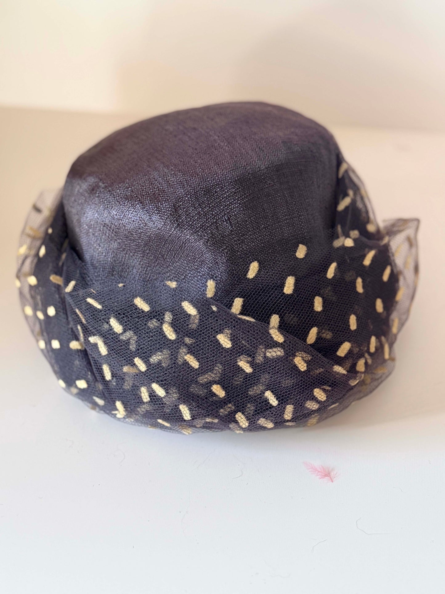 Vintage Fisk Chicago Navy Blue Veiled Pillbox Hat | 1950s Sheer Polka Dot Cocktail Hat | Mid Century Minimalist Millinery | Elegant Mad Men Style Hat