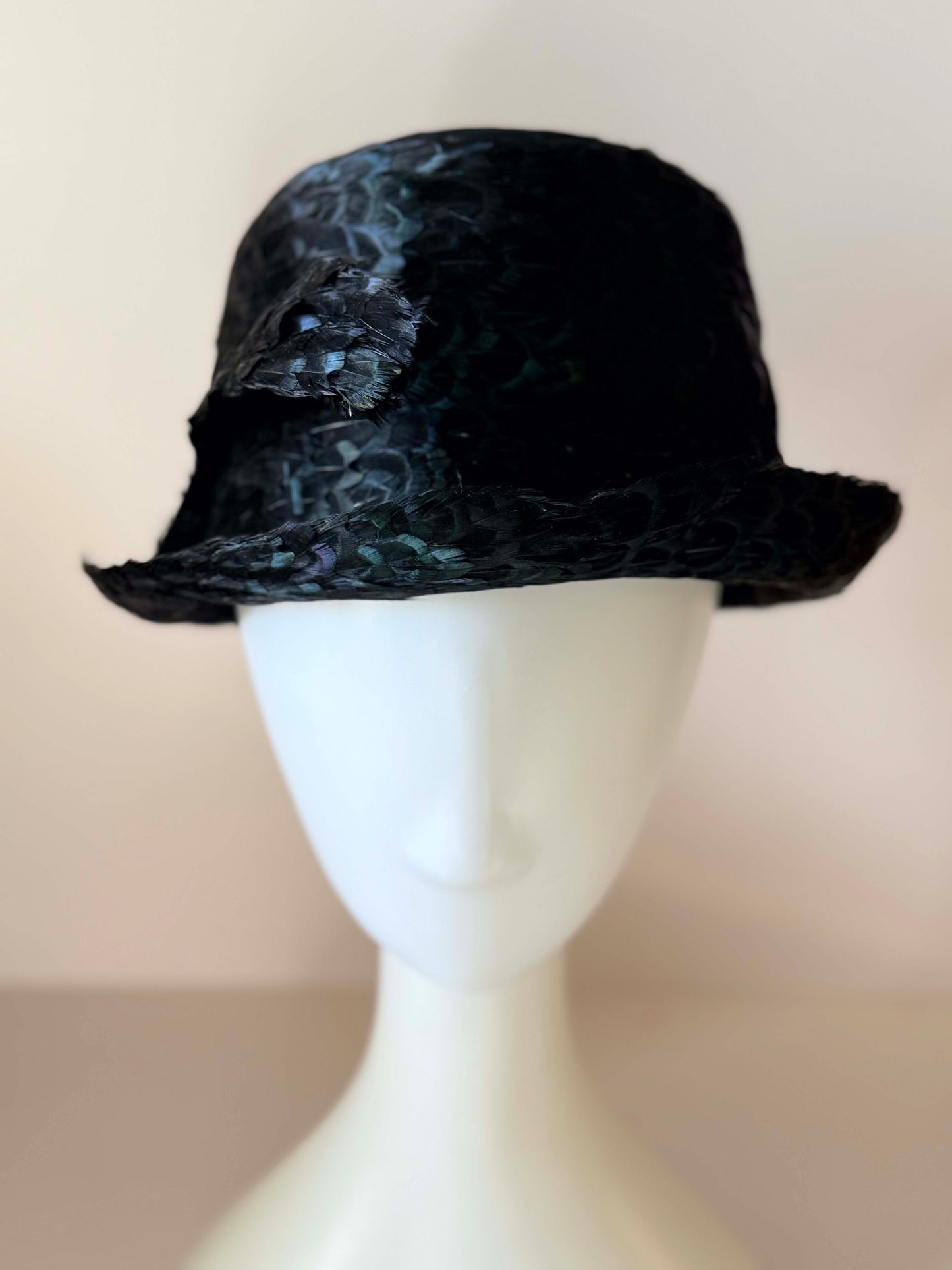 Vintage Jack McConnell Feather Hat | 1950s Iridescent Black Feather Fedora | Couture Cocktail Hat | Rare New York Designer Millinery