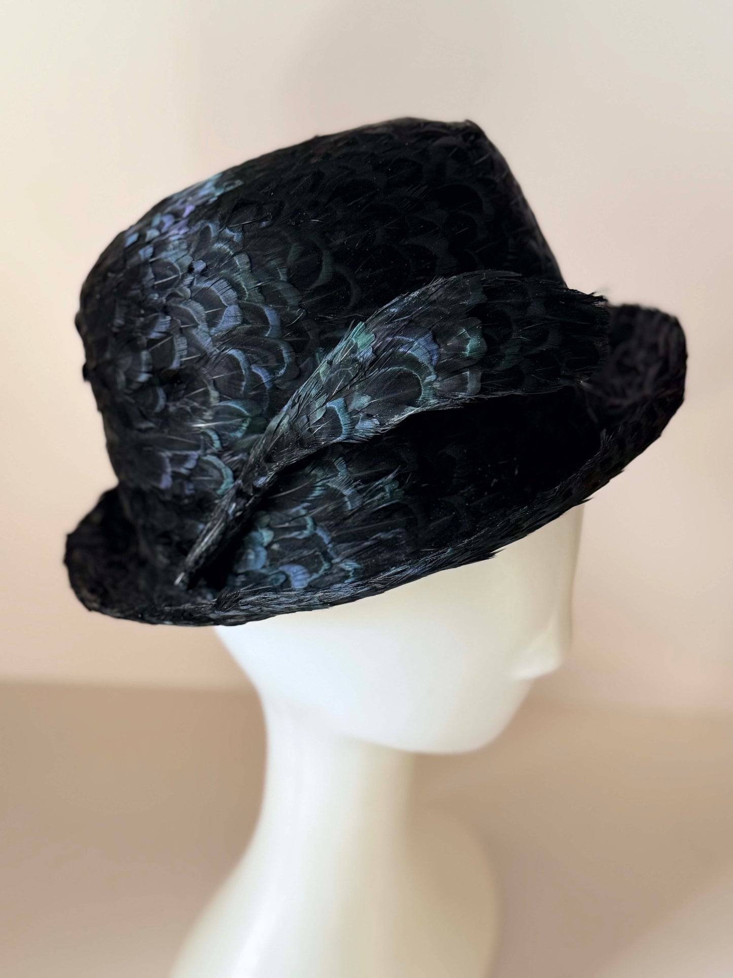 Vintage Jack McConnell Feather Hat | 1950s Iridescent Black Feather Fedora | Couture Cocktail Hat | Rare New York Designer Millinery