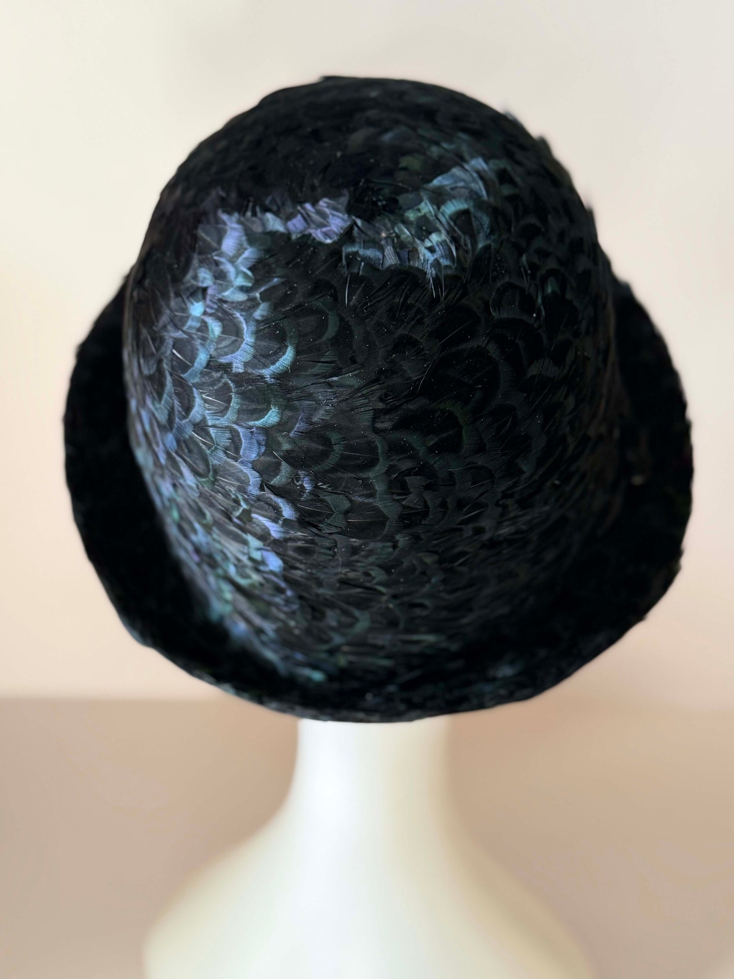 Vintage Jack McConnell Feather Hat | 1950s Iridescent Black Feather Fedora | Couture Cocktail Hat | Rare New York Designer Millinery