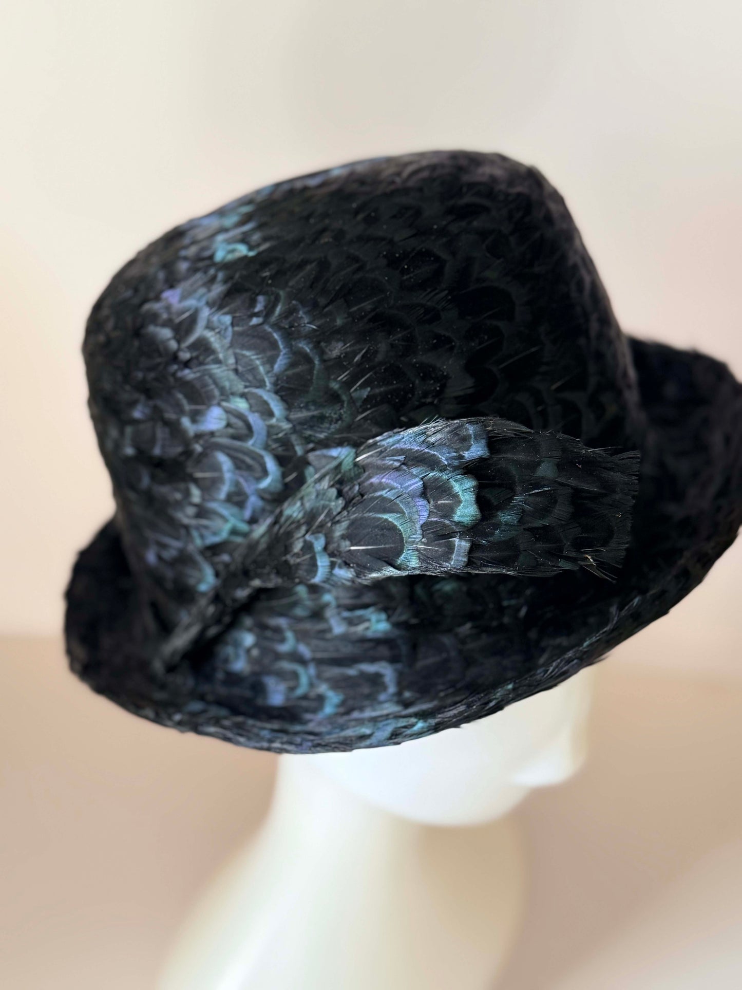 Vintage Jack McConnell Feather Hat | 1950s Iridescent Black Feather Fedora | Couture Cocktail Hat | Rare New York Designer Millinery
