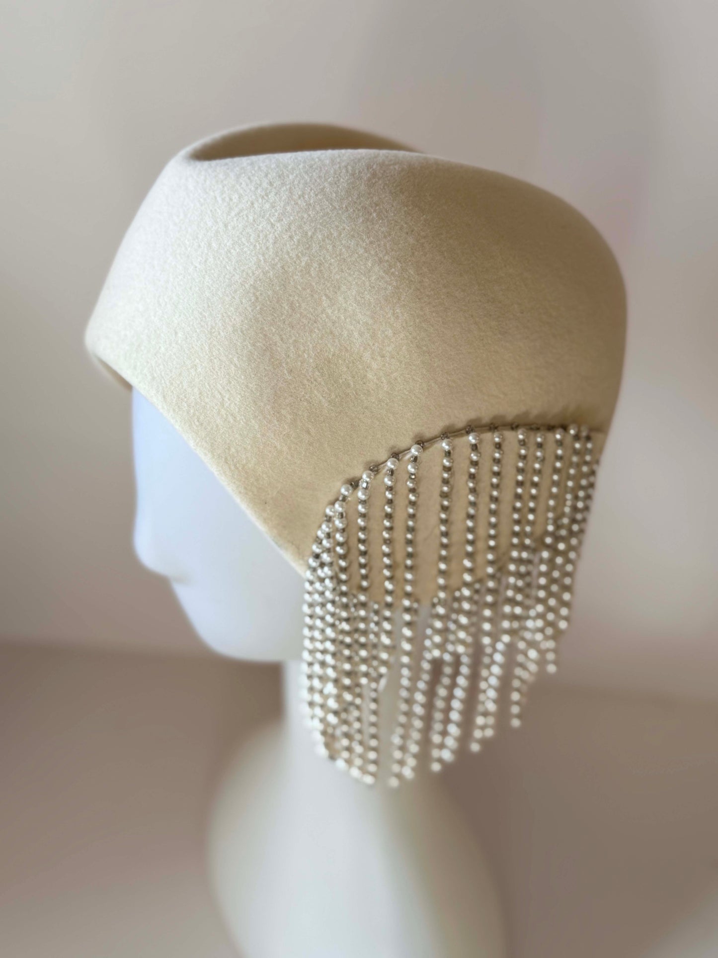 Vintage Ivory Felt Pillbox Hat | Pearl Fringe Cocktail Hat | 1960s Couture Inspired Bridal Fascinator | Elegant Winter Millinery