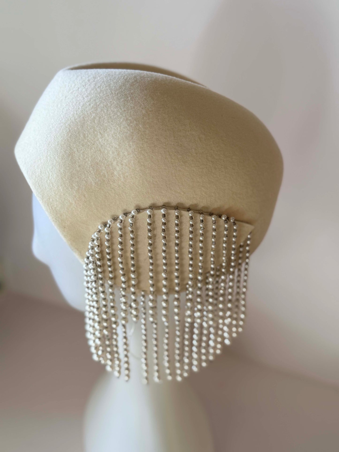 Vintage Ivory Felt Pillbox Hat | Pearl Fringe Cocktail Hat | 1960s Couture Inspired Bridal Fascinator | Elegant Winter Millinery