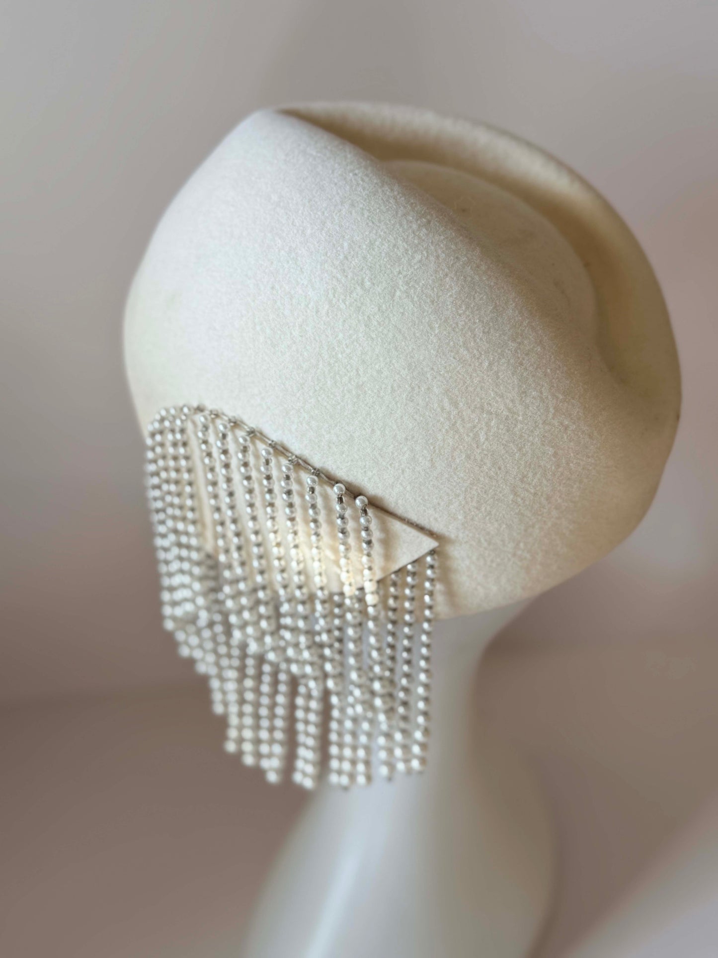 Vintage Ivory Felt Pillbox Hat | Pearl Fringe Cocktail Hat | 1960s Couture Inspired Bridal Fascinator | Elegant Winter Millinery