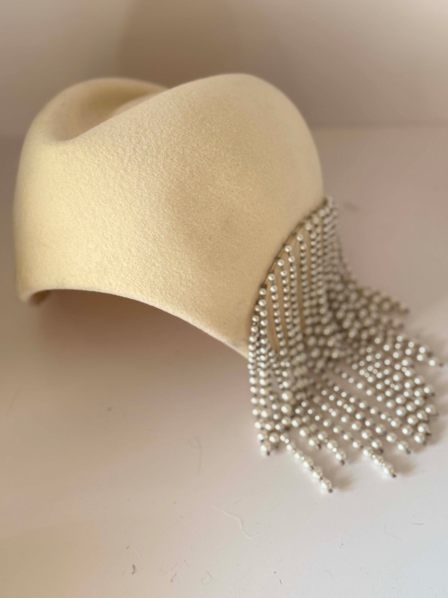Vintage Ivory Felt Pillbox Hat | Pearl Fringe Cocktail Hat | 1960s Couture Inspired Bridal Fascinator | Elegant Winter Millinery