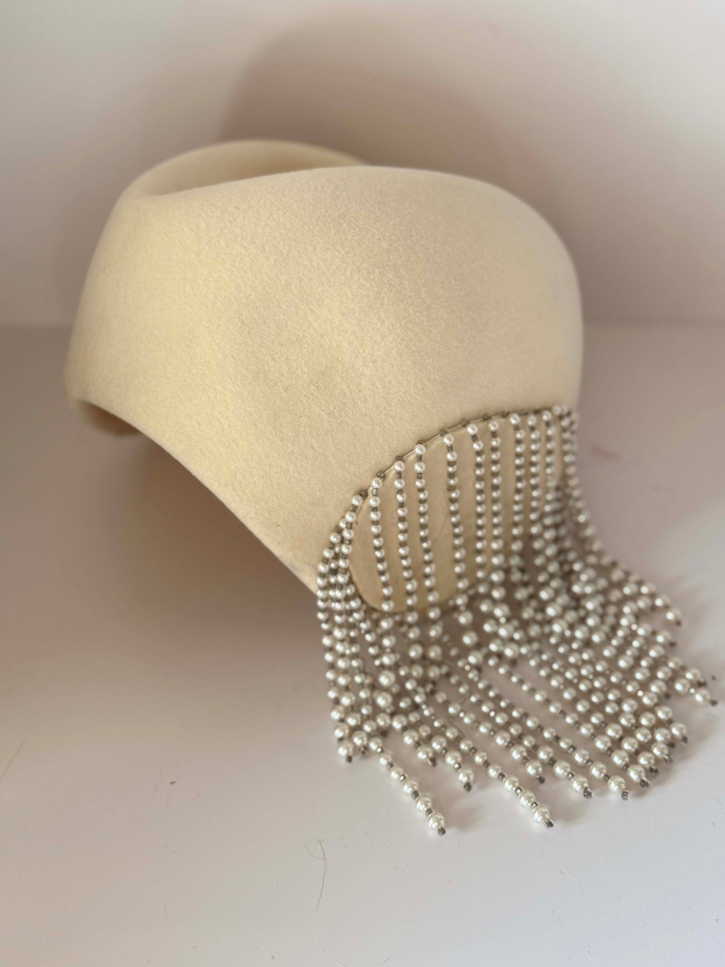 Vintage Ivory Felt Pillbox Hat | Pearl Fringe Cocktail Hat | 1960s Couture Inspired Bridal Fascinator | Elegant Winter Millinery