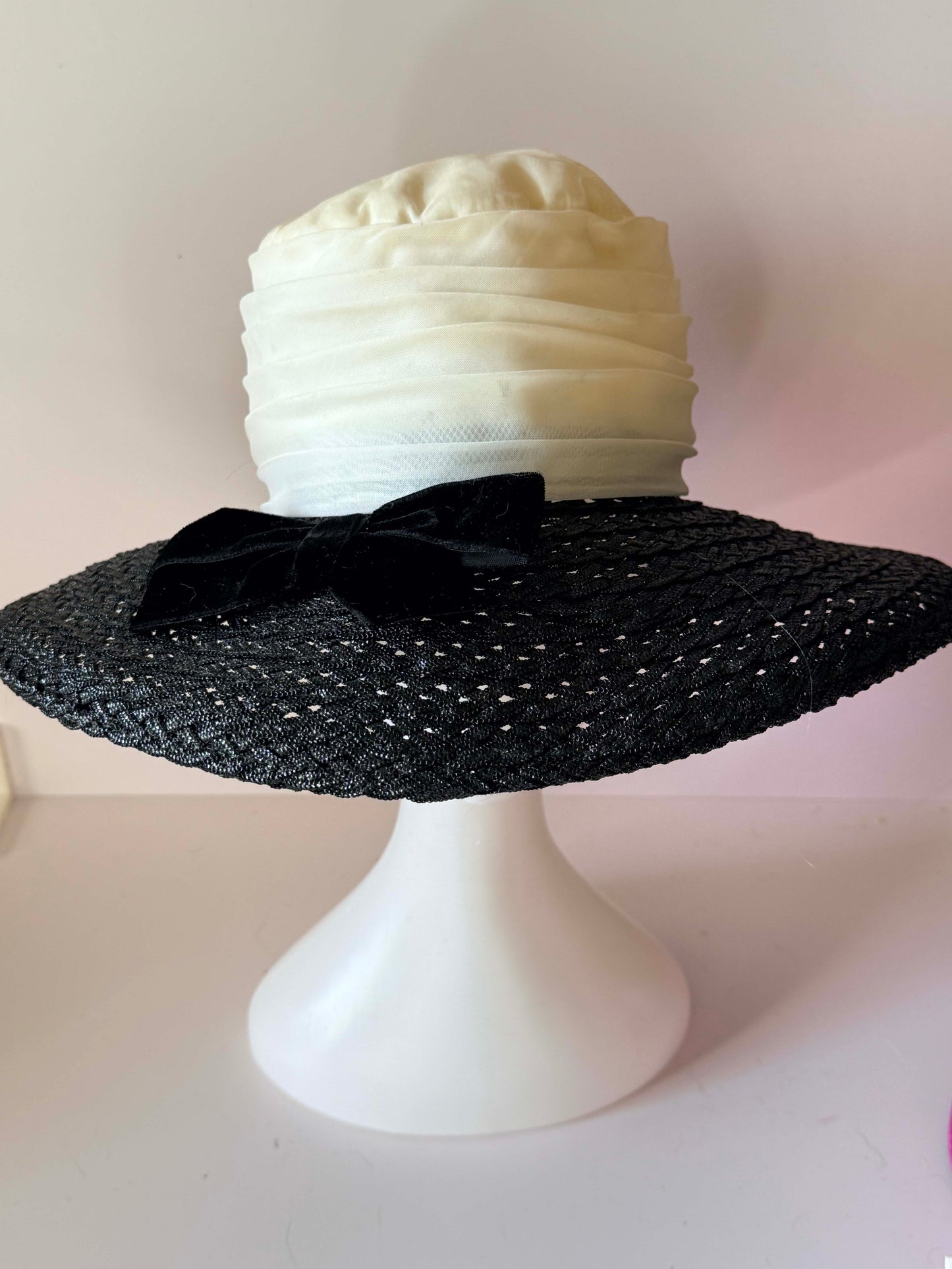 Vintage Black & Ivory Wide Brim Hat | Merli Modes Straw Hat | 1950s Inspired Cocktail Hat | Elegant Garden Party Millinery