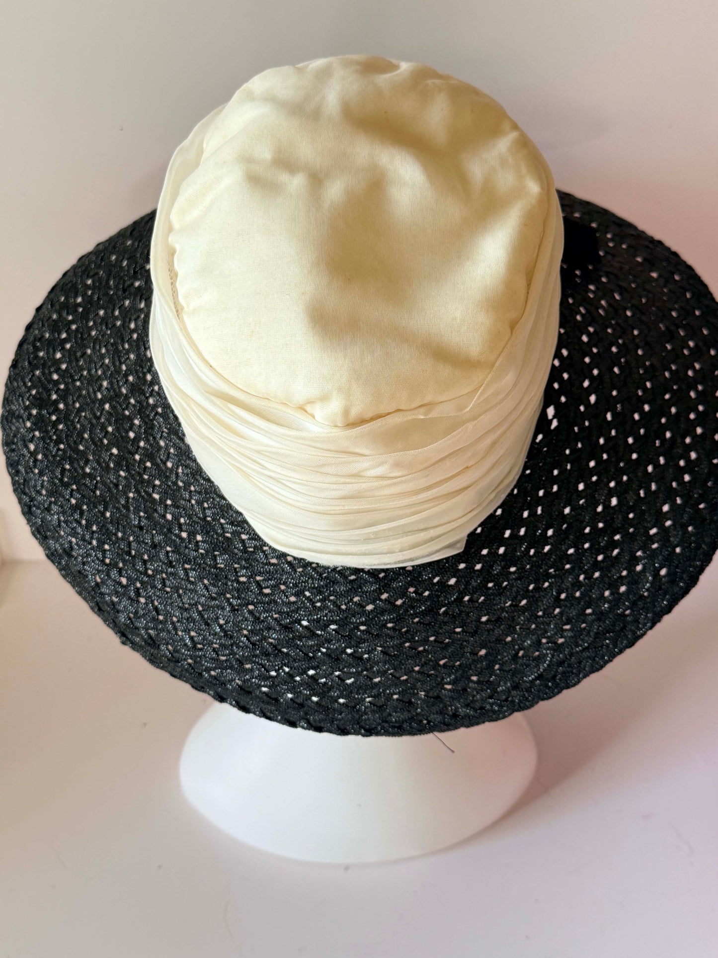 Vintage Black & Ivory Wide Brim Hat | Merli Modes Straw Hat | 1950s Inspired Cocktail Hat | Elegant Garden Party Millinery