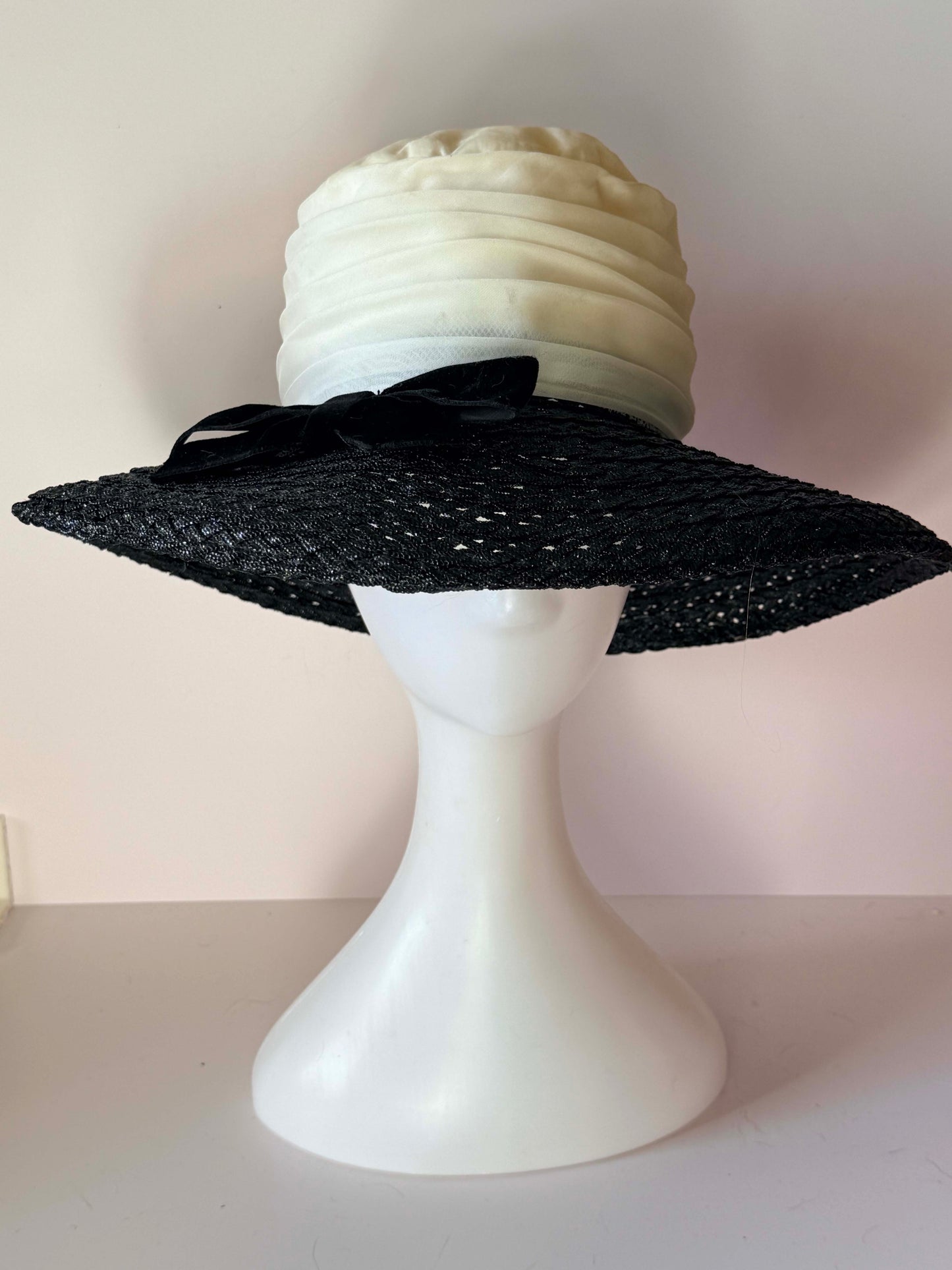 Vintage Black & Ivory Wide Brim Hat | Merli Modes Straw Hat | 1950s Inspired Cocktail Hat | Elegant Garden Party Millinery
