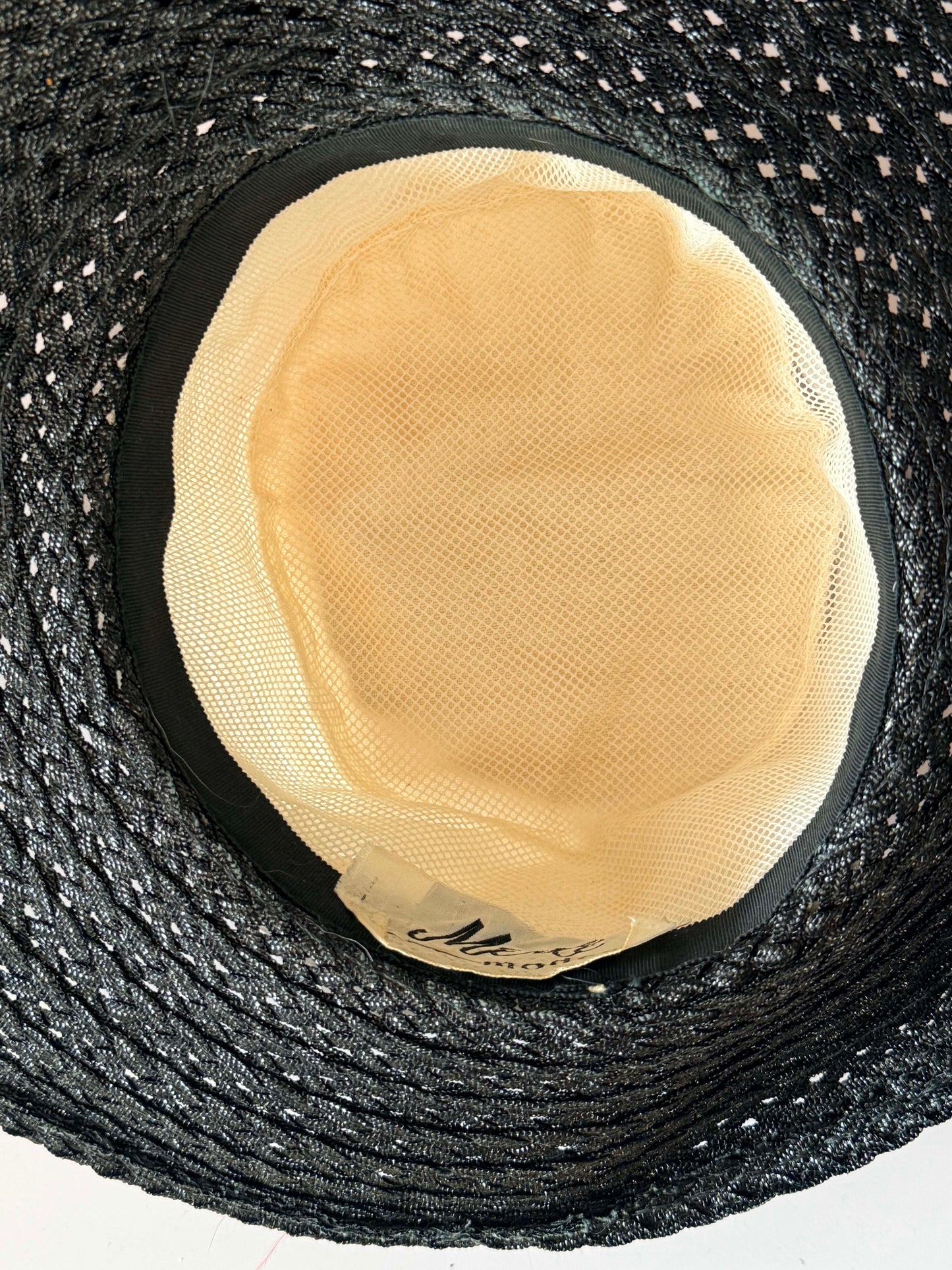 Vintage Black & Ivory Wide Brim Hat | Merli Modes Straw Hat | 1950s Inspired Cocktail Hat | Elegant Garden Party Millinery