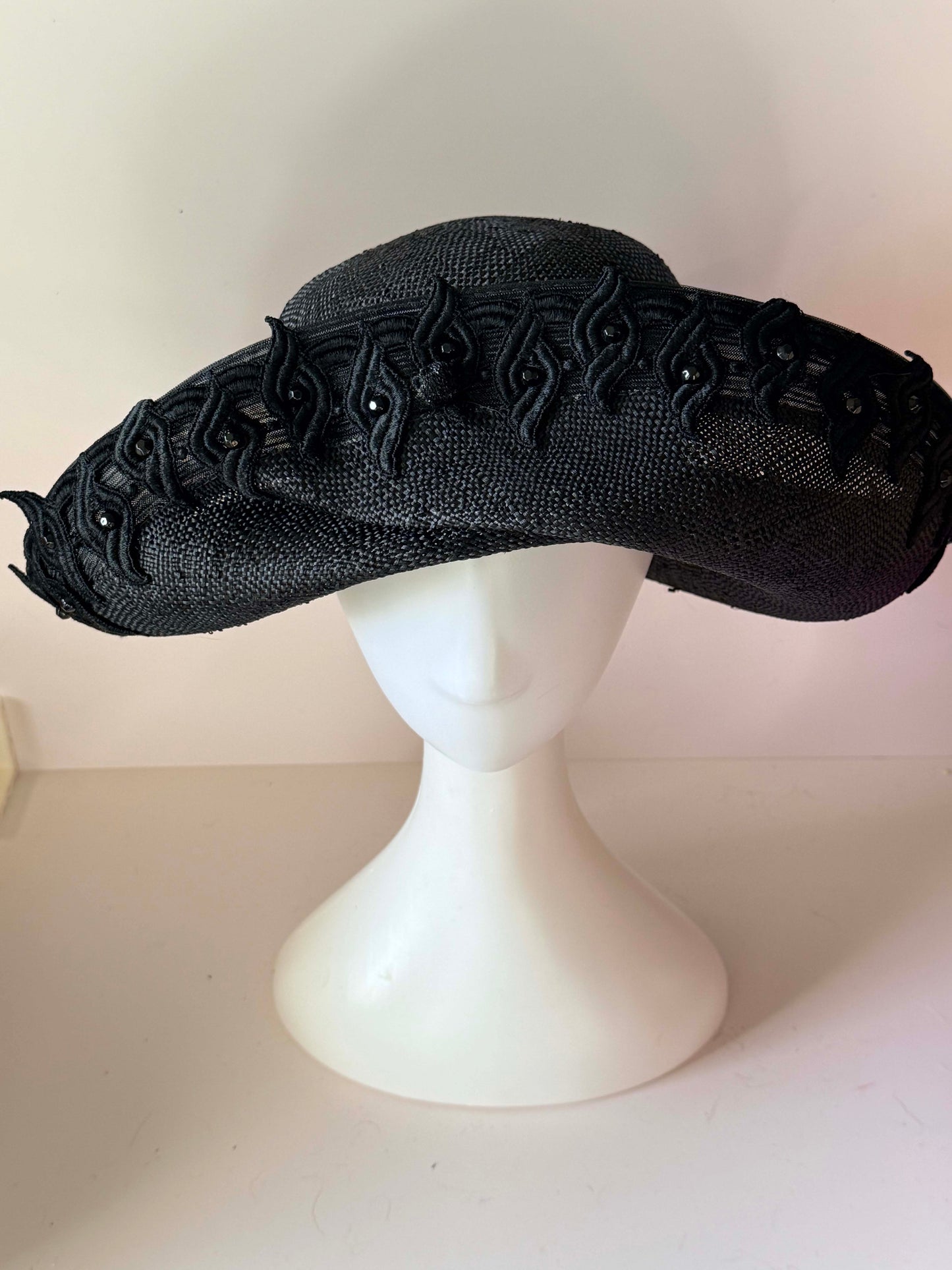 Vintage Mr. John Moderne Black Wide Brim Hat | Sculptural Raffia Statement Hat | 1950s Avant Garde Couture Millinery | Dramatic Cocktail Hat