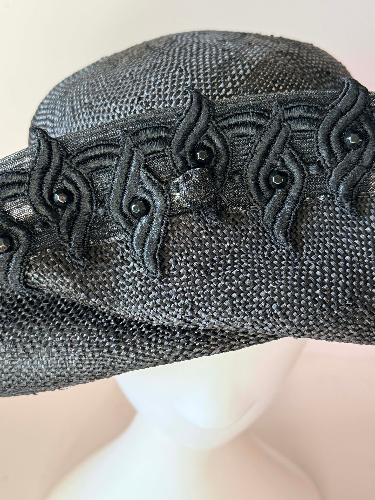 Vintage Mr. John Moderne Black Wide Brim Hat | Sculptural Raffia Statement Hat | 1950s Avant Garde Couture Millinery | Dramatic Cocktail Hat