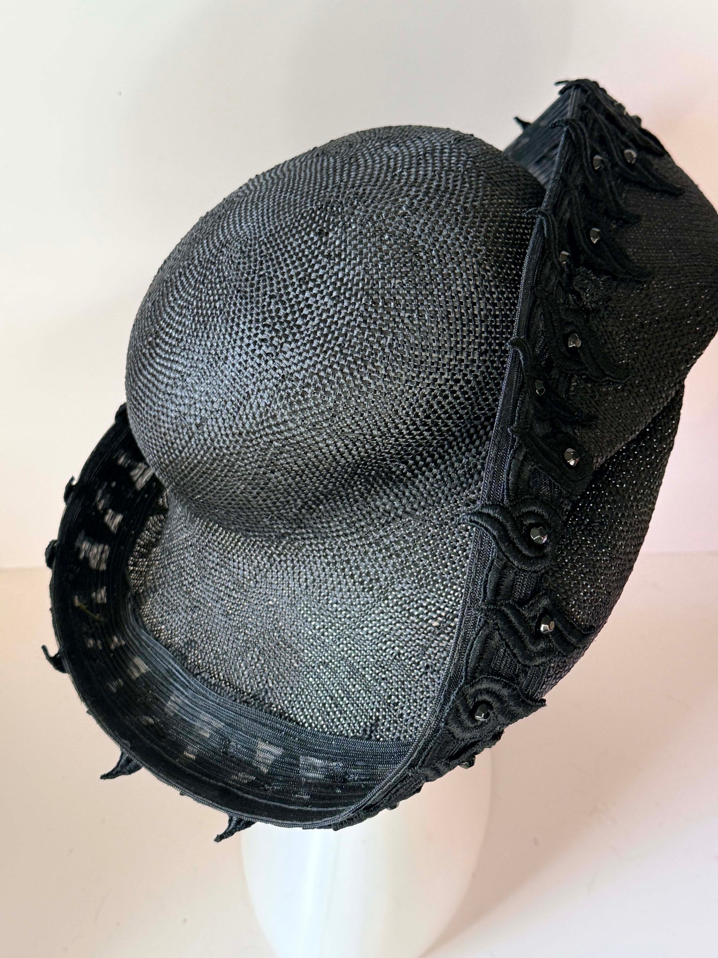 Vintage Mr. John Moderne Black Wide Brim Hat | Sculptural Raffia Statement Hat | 1950s Avant Garde Couture Millinery | Dramatic Cocktail Hat