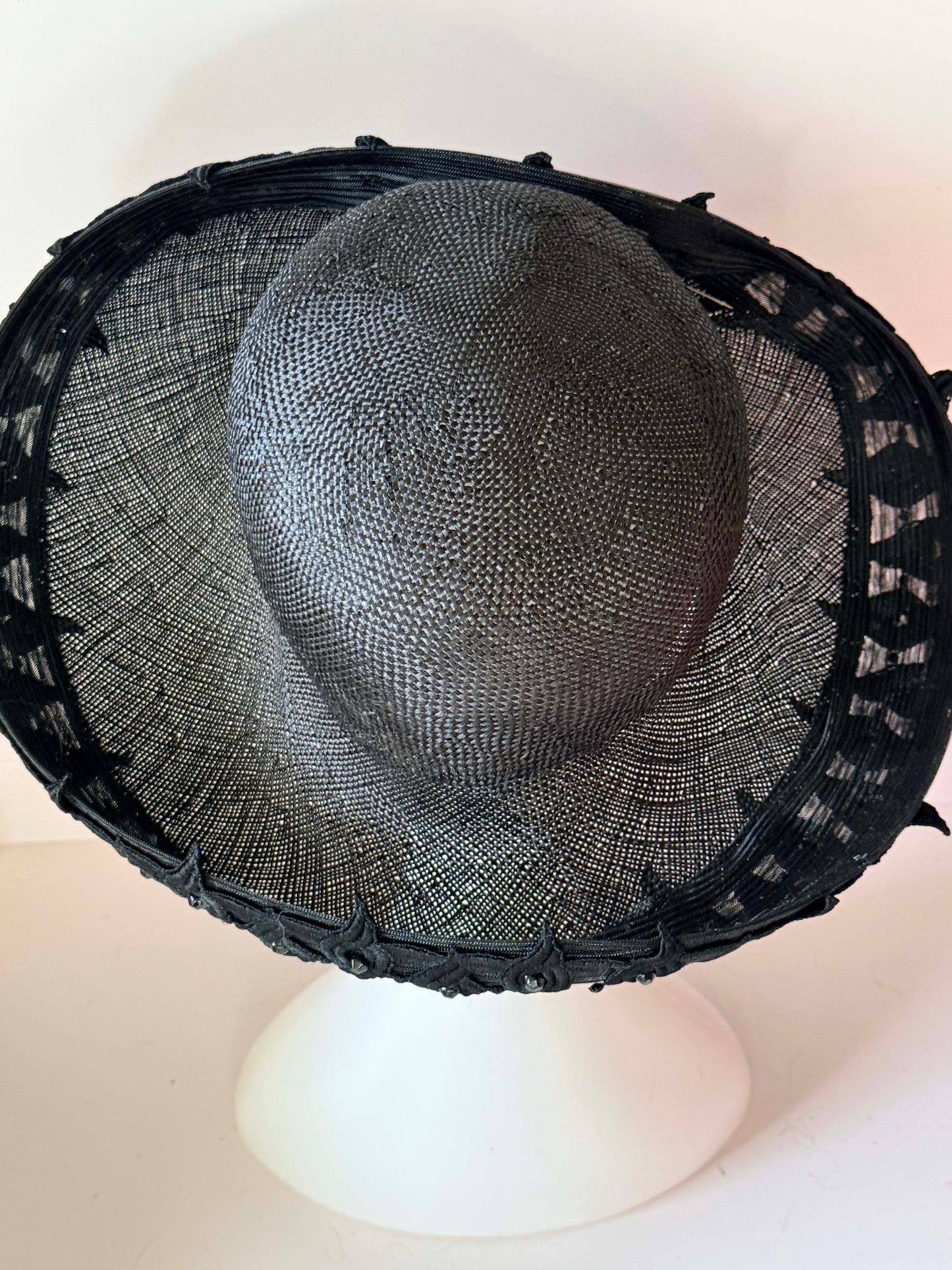 Vintage Mr. John Moderne Black Wide Brim Hat | Sculptural Raffia Statement Hat | 1950s Avant Garde Couture Millinery | Dramatic Cocktail Hat