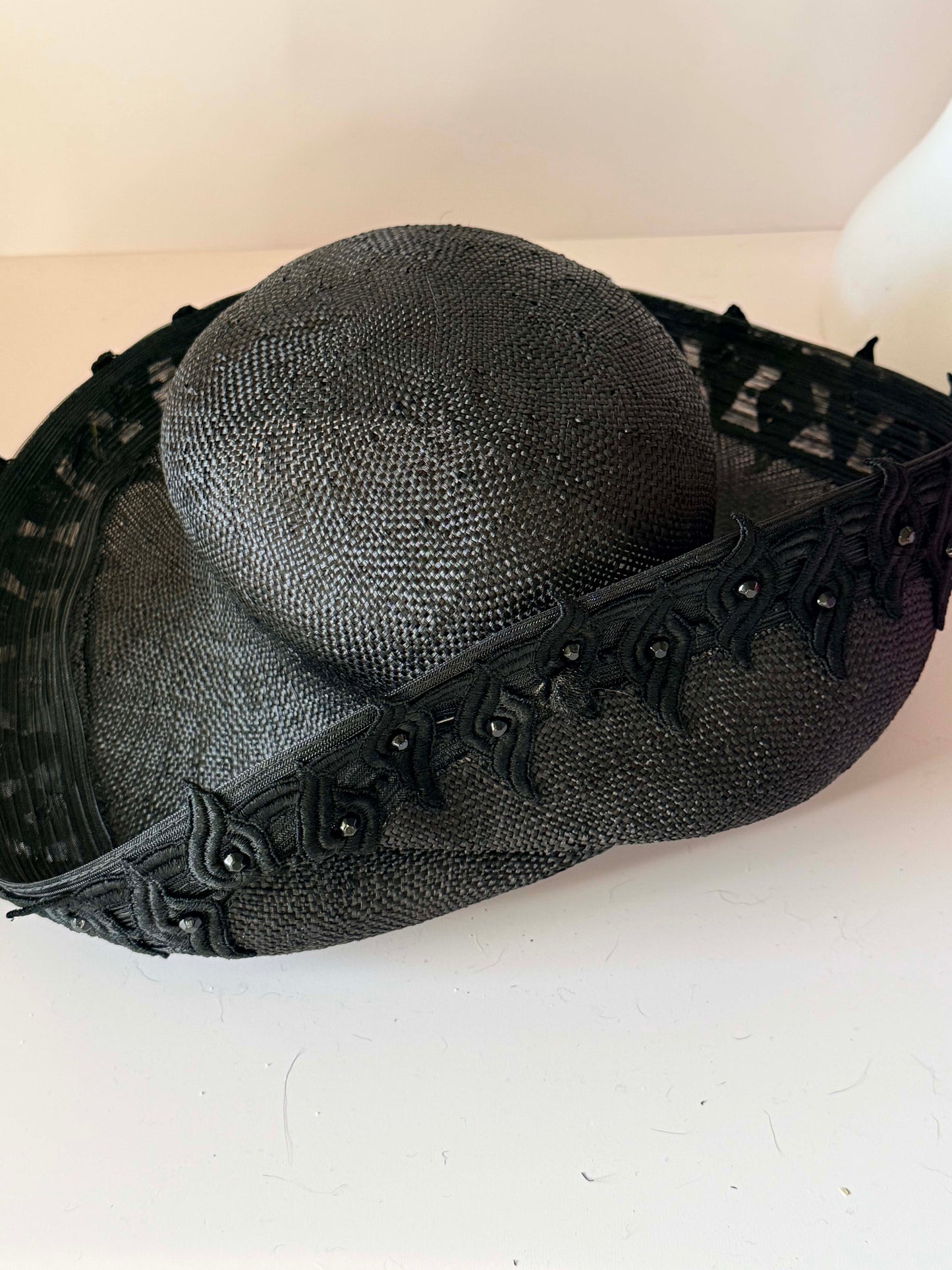 Vintage Mr. John Moderne Black Wide Brim Hat | Sculptural Raffia Statement Hat | 1950s Avant Garde Couture Millinery | Dramatic Cocktail Hat