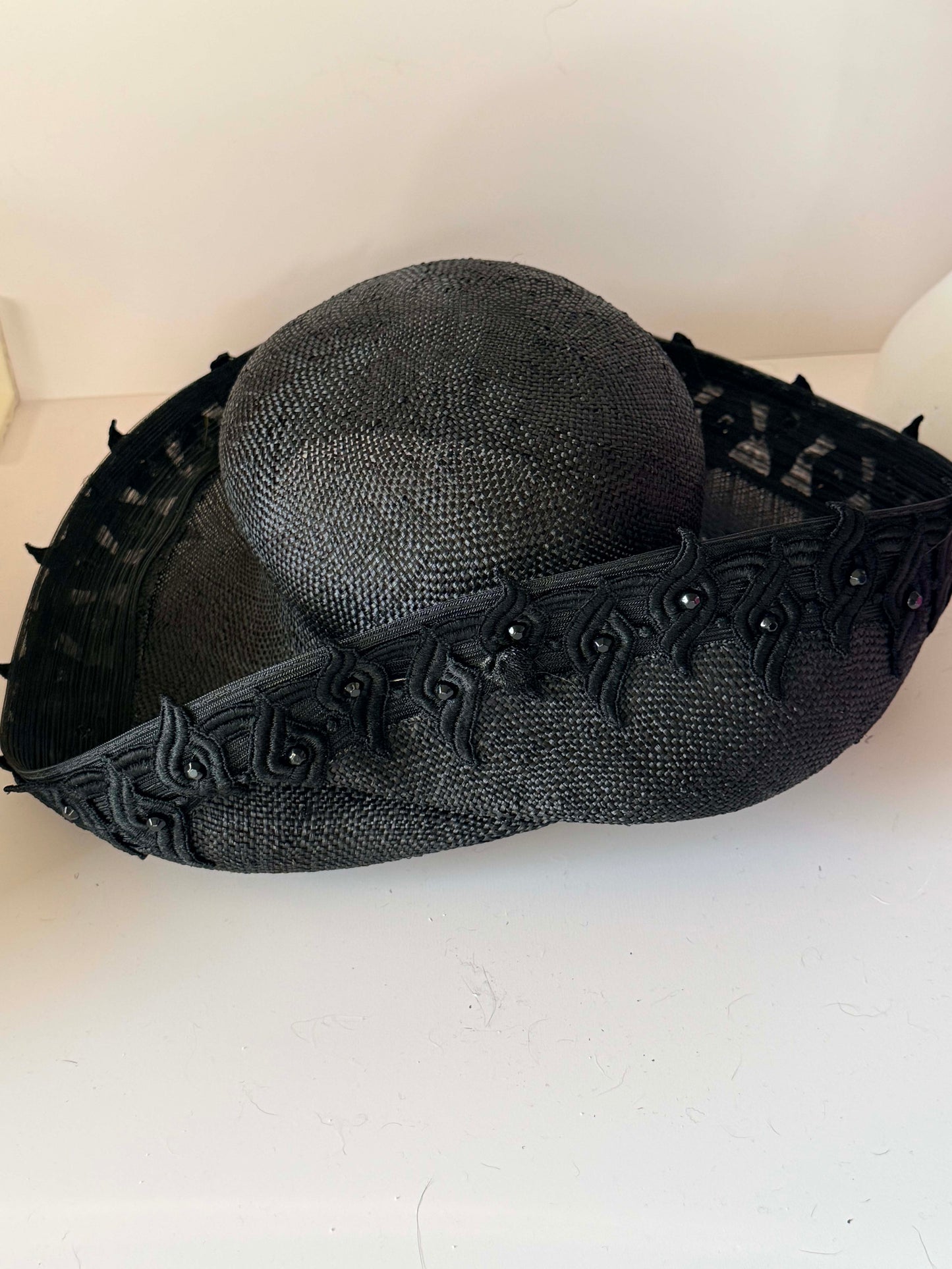 Vintage Mr. John Moderne Black Wide Brim Hat | Sculptural Raffia Statement Hat | 1950s Avant Garde Couture Millinery | Dramatic Cocktail Hat
