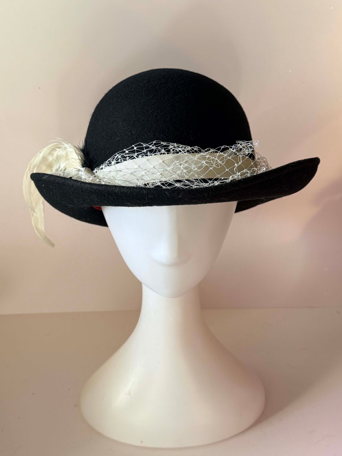 Vintage Michael Howard Black Wool Boho Hat | 1960s Mod Bowler Hat | Feather & Veil Cocktail Hat | Mid Century Millinery