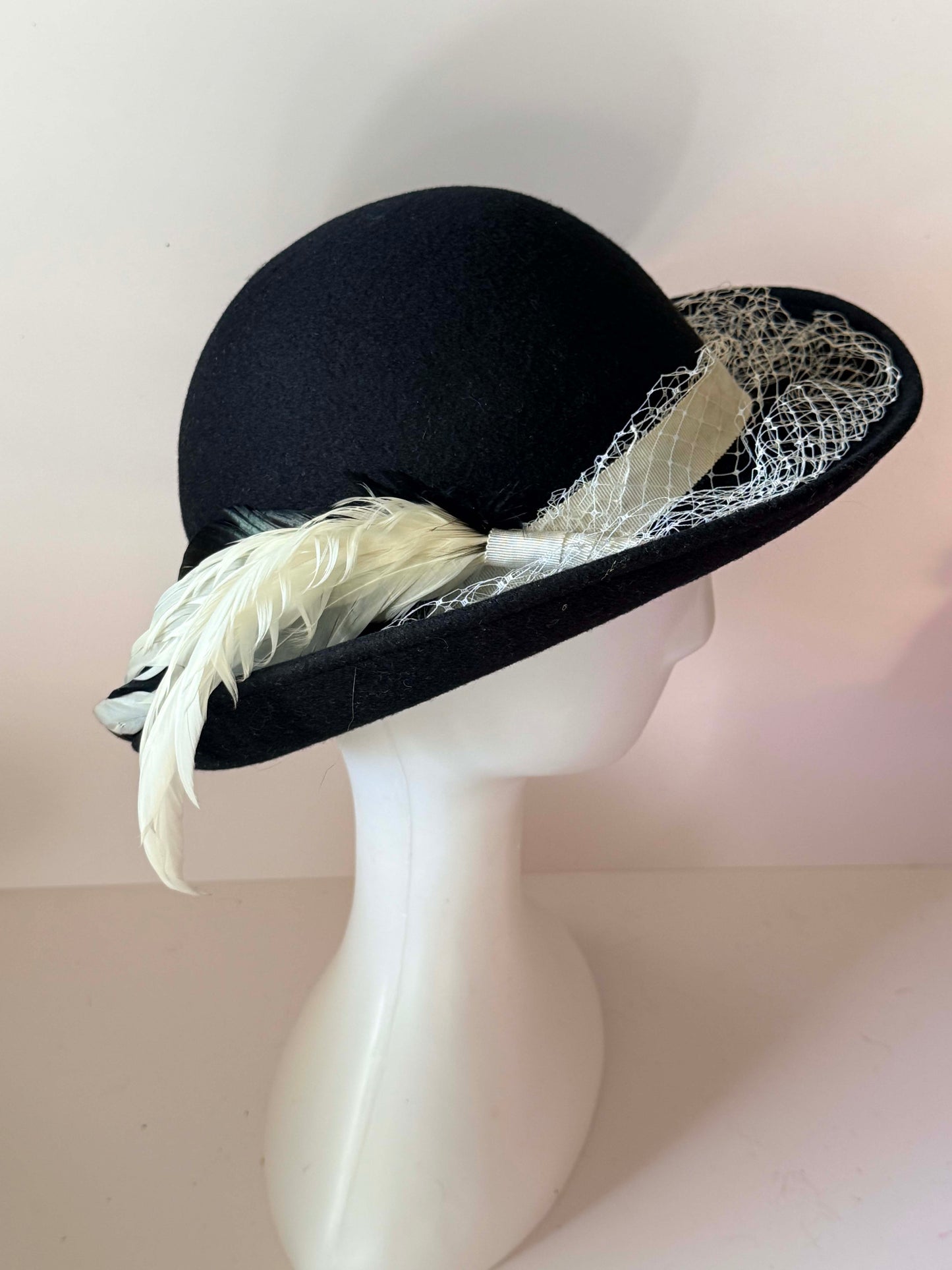 Vintage Michael Howard Black Wool Boho Hat | 1960s Mod Bowler Hat | Feather & Veil Cocktail Hat | Mid Century Millinery
