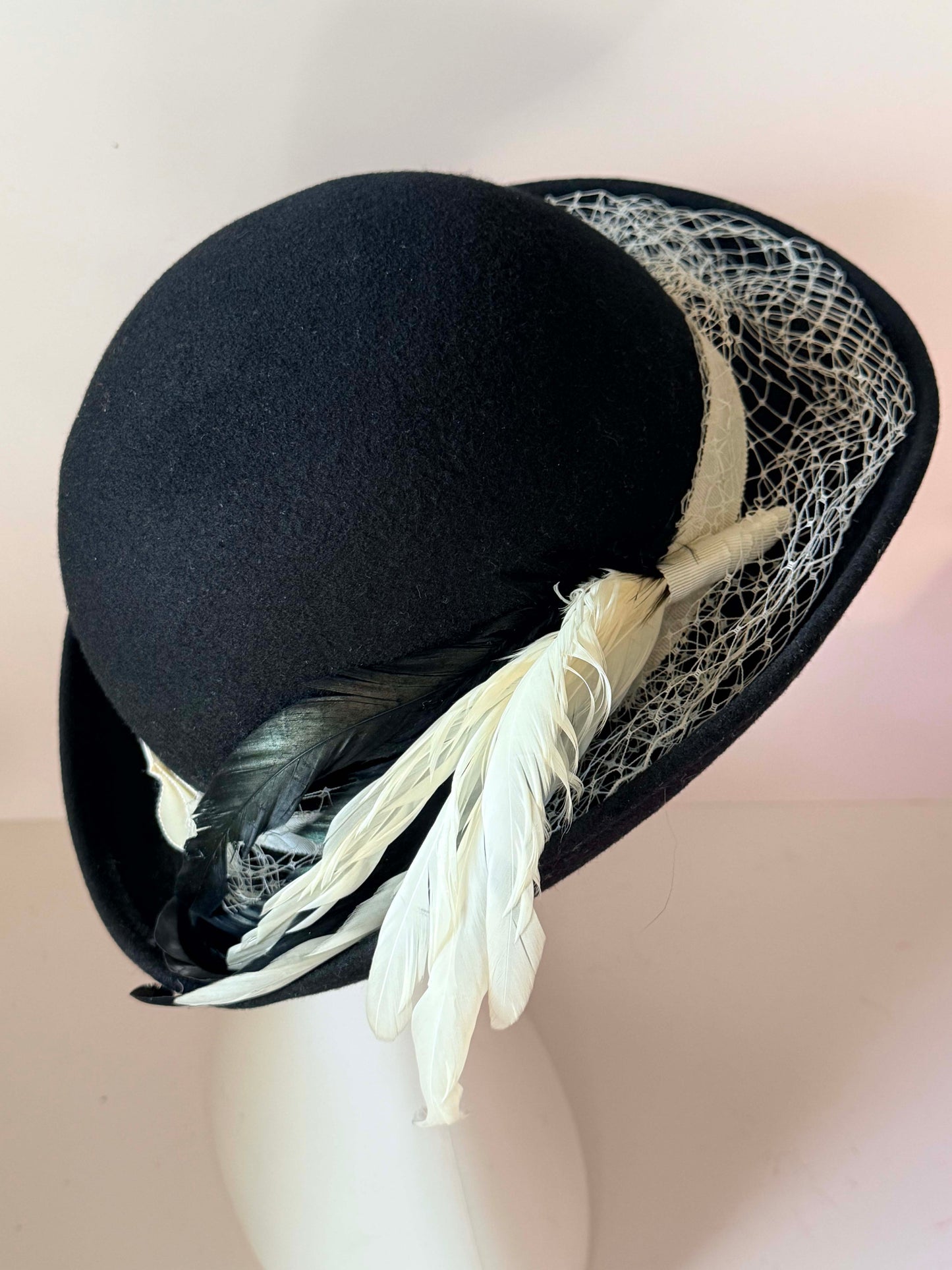 Vintage Michael Howard Black Wool Boho Hat | 1960s Mod Bowler Hat | Feather & Veil Cocktail Hat | Mid Century Millinery