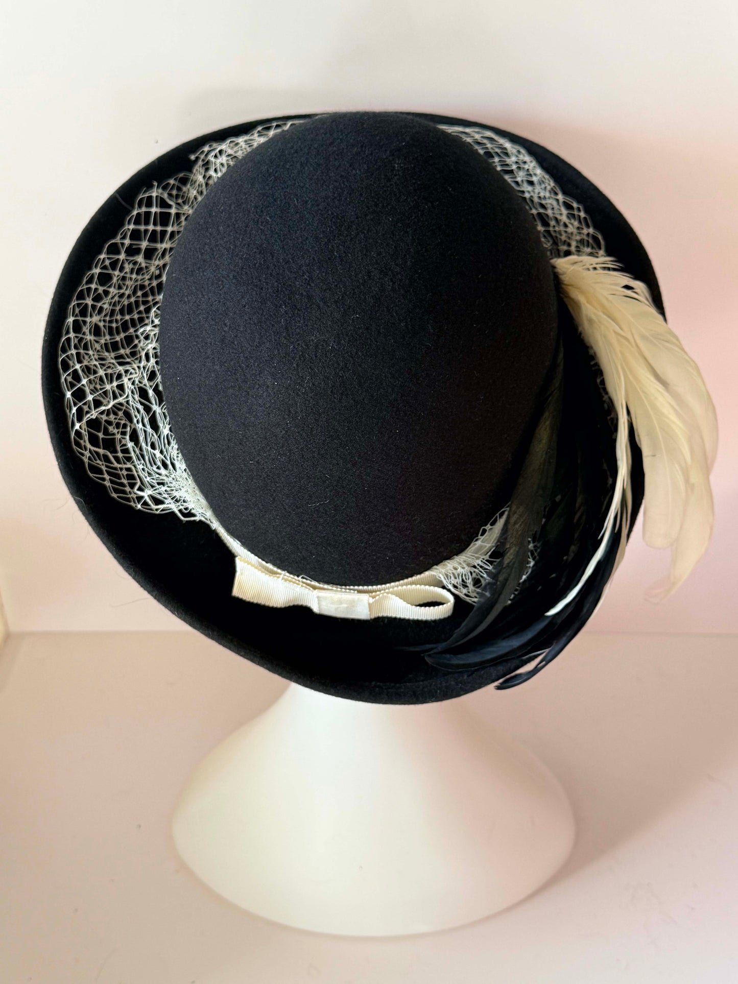 Vintage Michael Howard Black Wool Boho Hat | 1960s Mod Bowler Hat | Feather & Veil Cocktail Hat | Mid Century Millinery