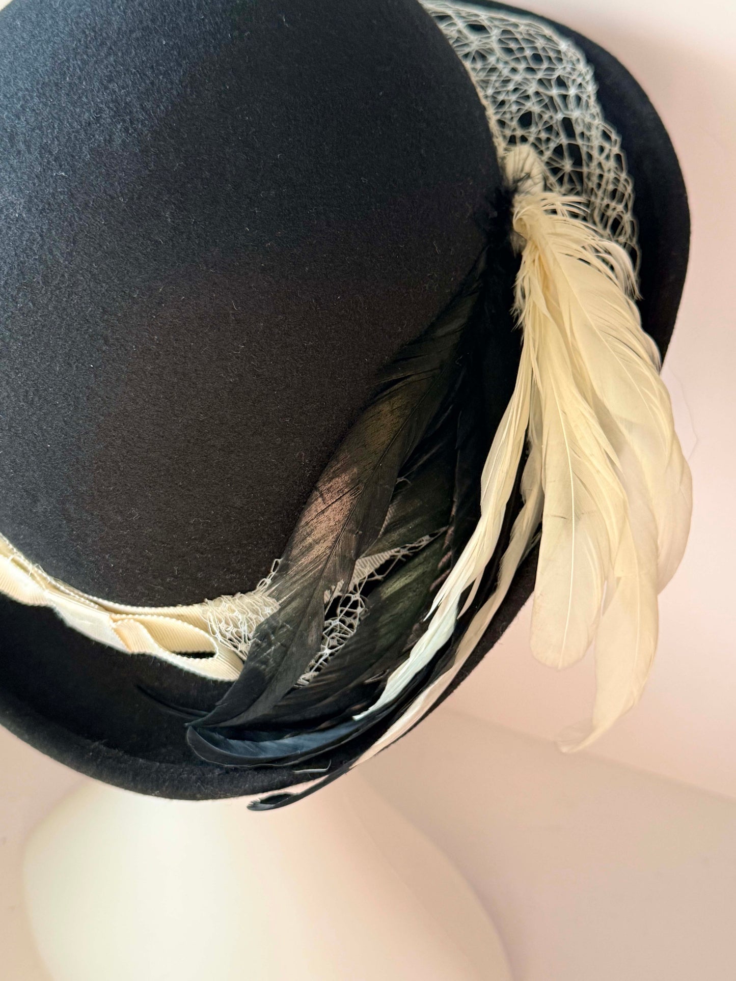 Vintage Michael Howard Black Wool Boho Hat | 1960s Mod Bowler Hat | Feather & Veil Cocktail Hat | Mid Century Millinery