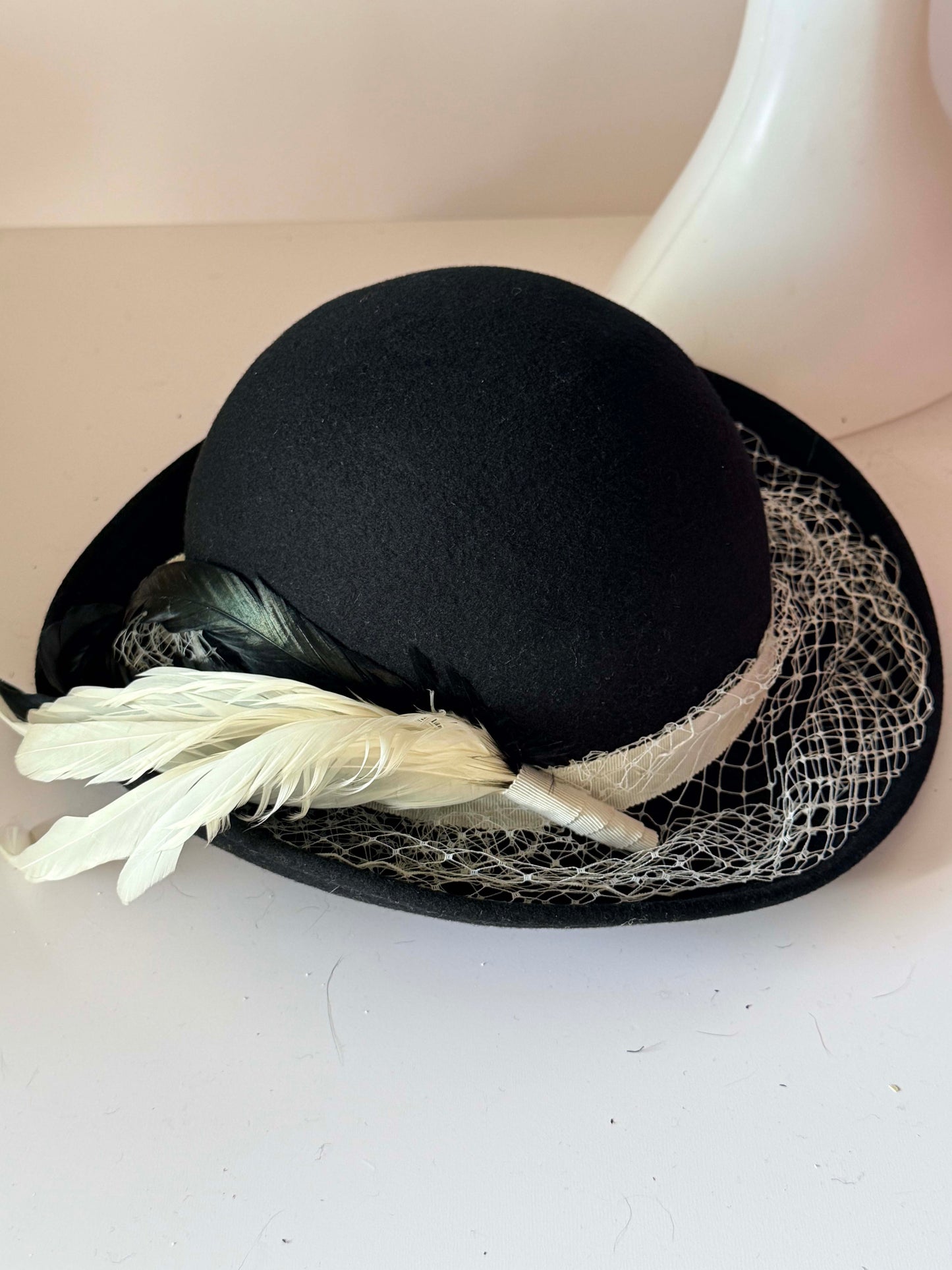 Vintage Michael Howard Black Wool Boho Hat | 1960s Mod Bowler Hat | Feather & Veil Cocktail Hat | Mid Century Millinery
