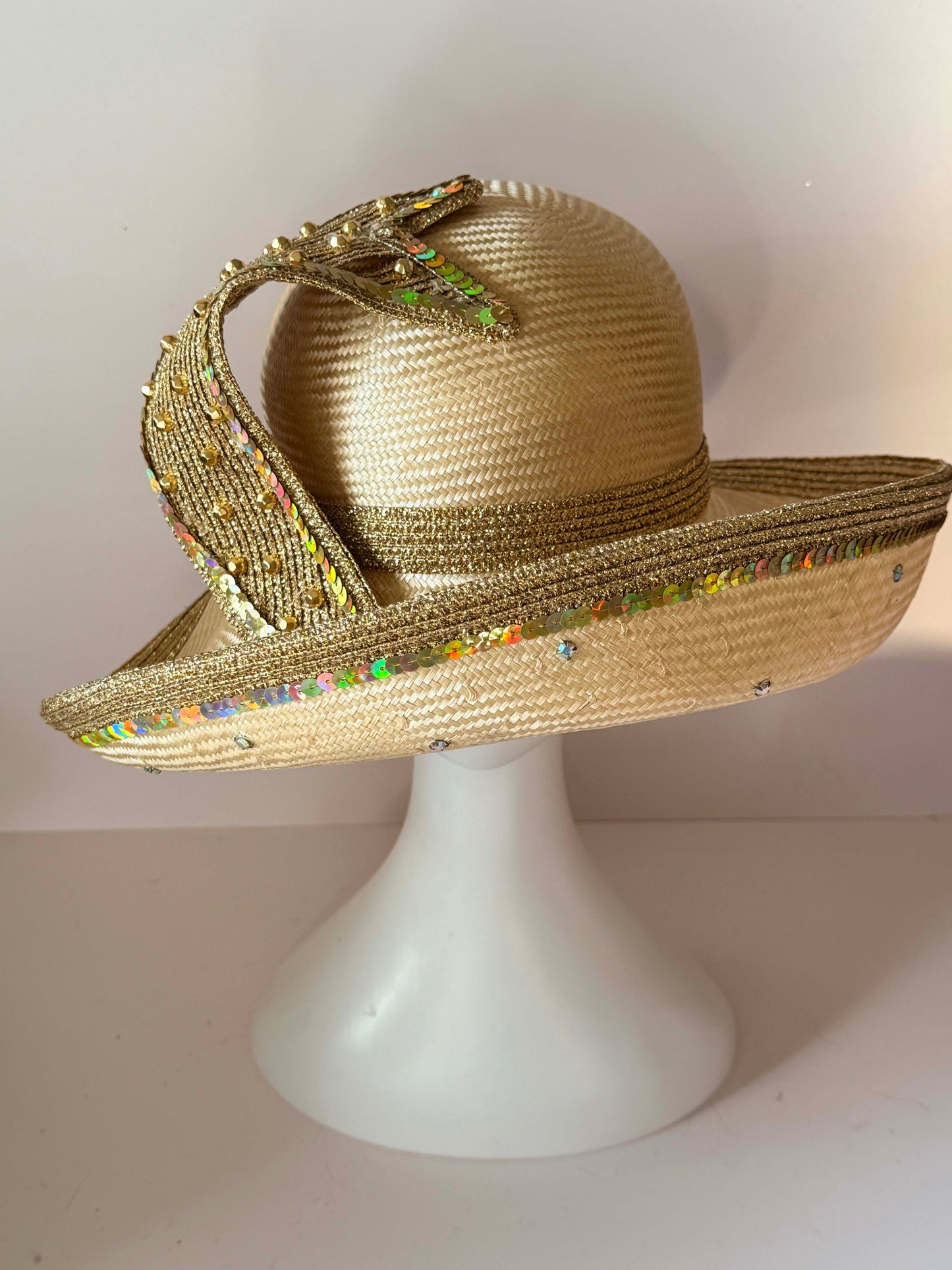 Vintage Mr John Gold Sequin Straw Derby Hat | Couture Church Hat | Sculptural Kentucky Derby Millinery | Statement Occasion Hat