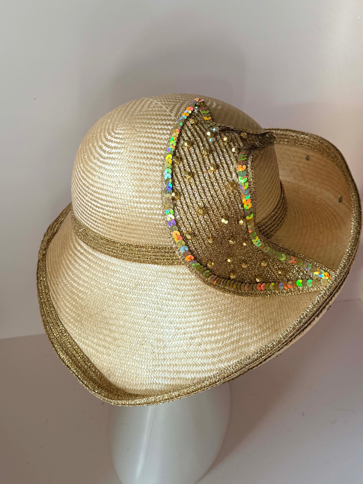 Vintage Mr John Gold Sequin Straw Derby Hat | Couture Church Hat | Sculptural Kentucky Derby Millinery | Statement Occasion Hat