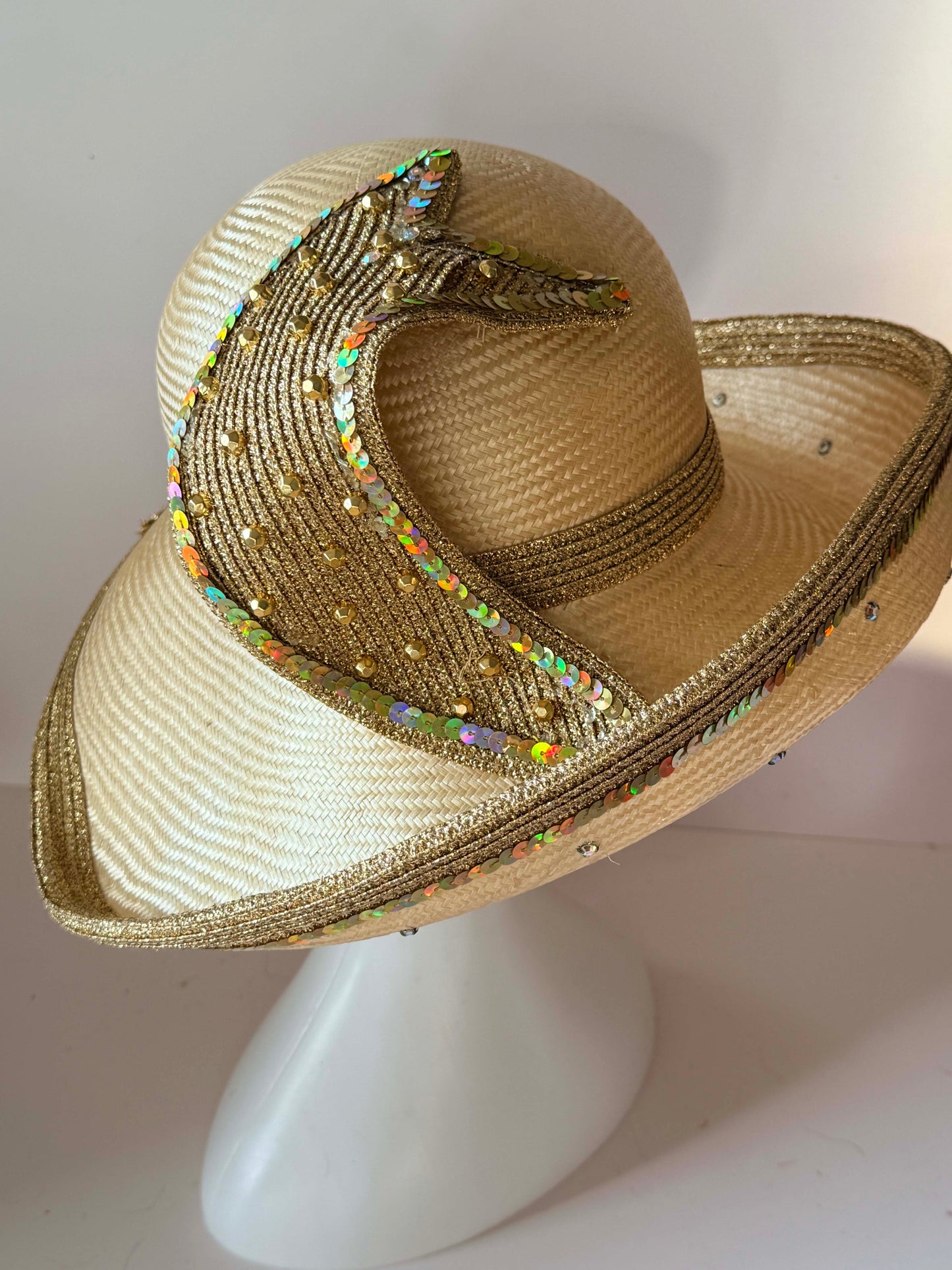 Vintage Mr John Gold Sequin Straw Derby Hat | Couture Church Hat | Sculptural Kentucky Derby Millinery | Statement Occasion Hat