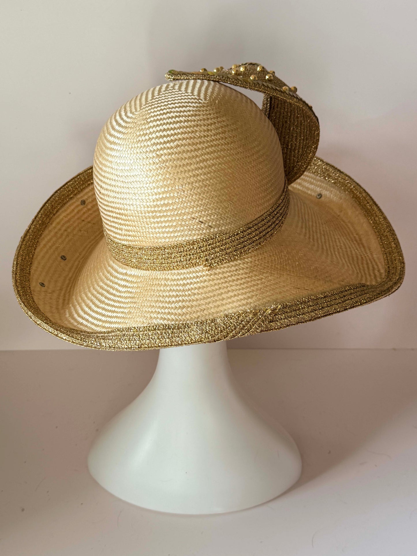 Vintage Mr John Gold Sequin Straw Derby Hat | Couture Church Hat | Sculptural Kentucky Derby Millinery | Statement Occasion Hat