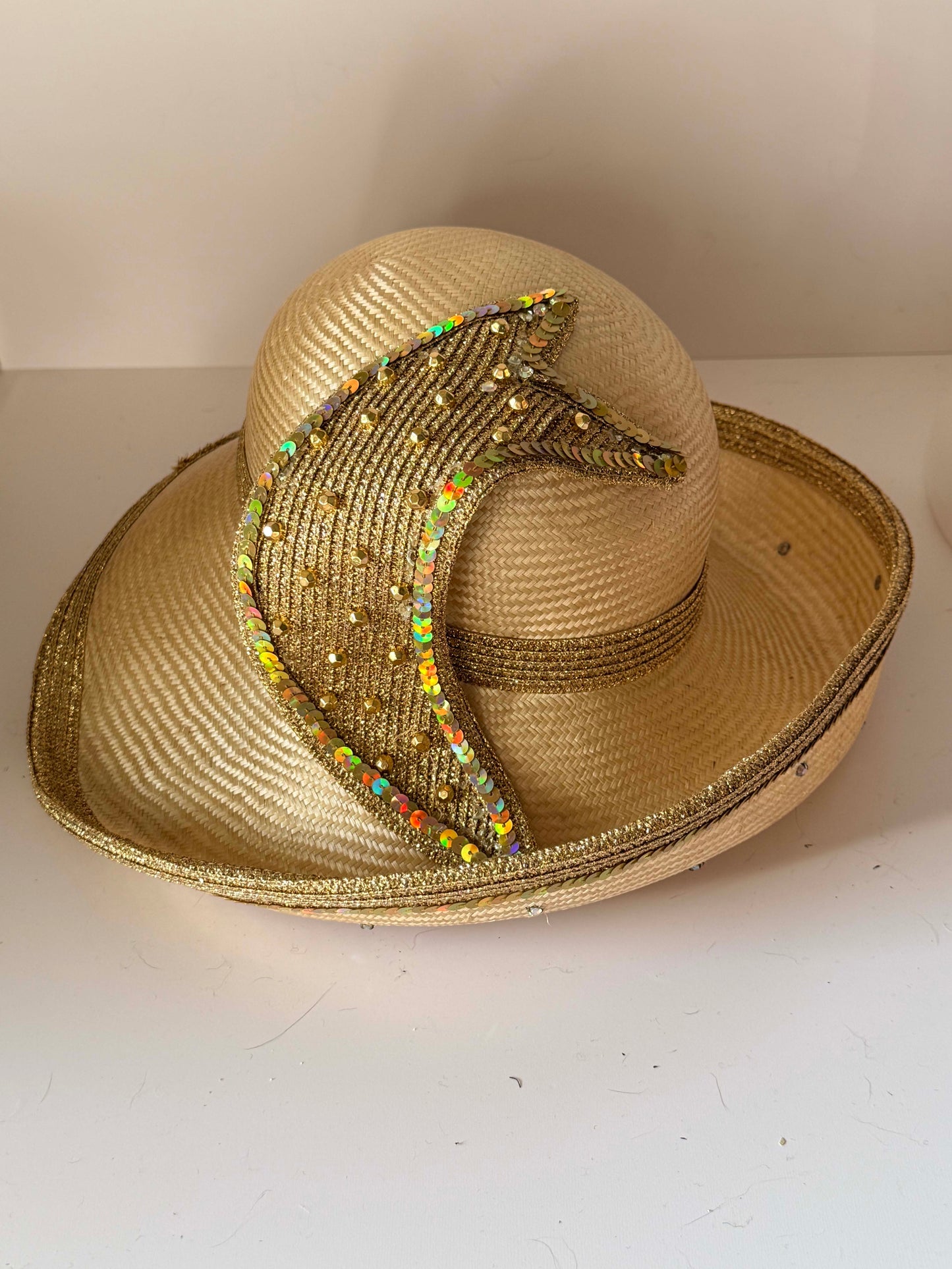 Vintage Mr John Gold Sequin Straw Derby Hat | Couture Church Hat | Sculptural Kentucky Derby Millinery | Statement Occasion Hat