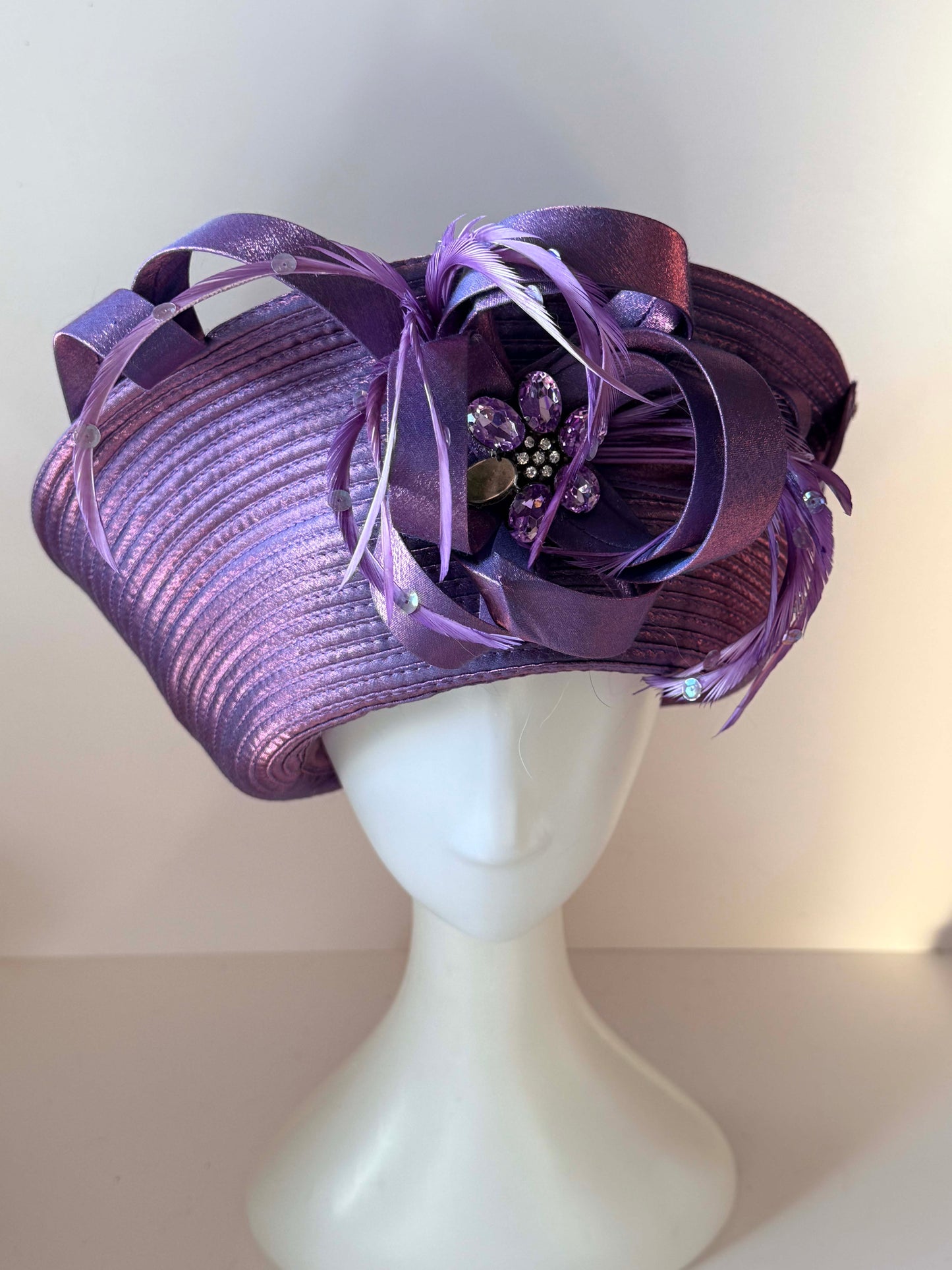 Vintage Purple Metallic Church Hat | Whittall & Shon Statement Derby Hat | Lavender Rhinestone Cocktail Hat | Sculptural Couture Millinery
