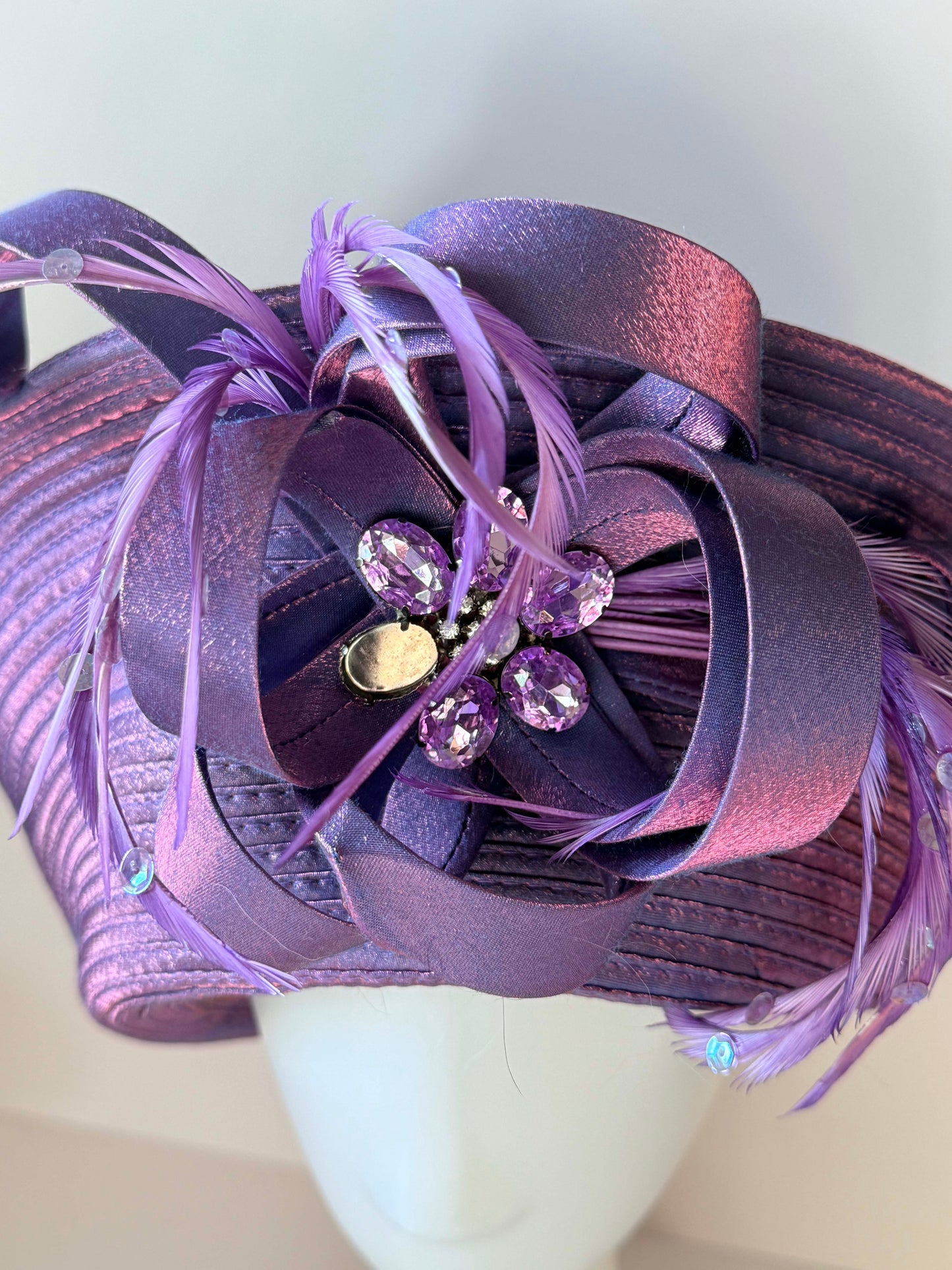 Vintage Purple Metallic Church Hat | Whittall & Shon Statement Derby Hat | Lavender Rhinestone Cocktail Hat | Sculptural Couture Millinery
