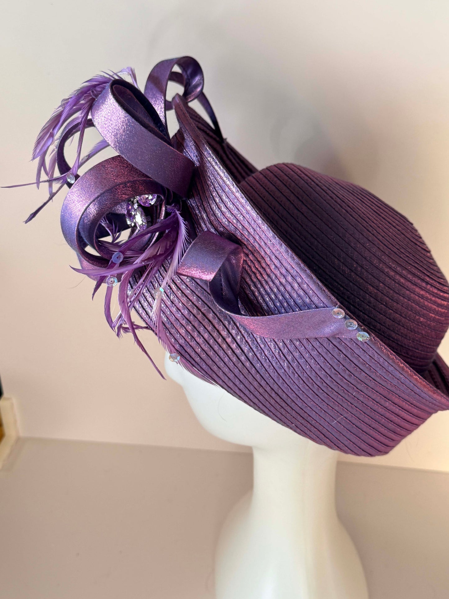 Vintage Purple Metallic Church Hat | Whittall & Shon Statement Derby Hat | Lavender Rhinestone Cocktail Hat | Sculptural Couture Millinery