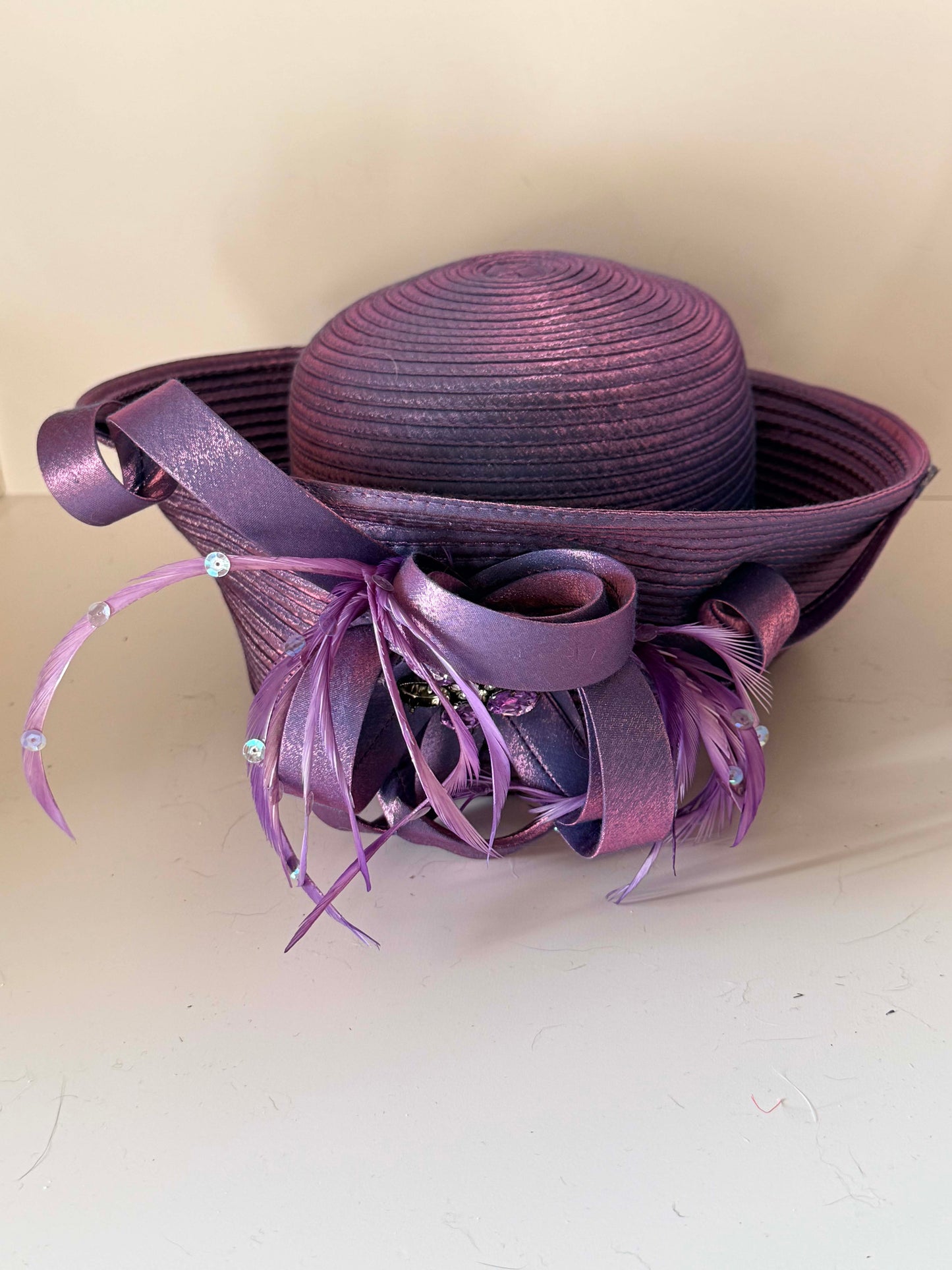 Vintage Purple Metallic Church Hat | Whittall & Shon Statement Derby Hat | Lavender Rhinestone Cocktail Hat | Sculptural Couture Millinery
