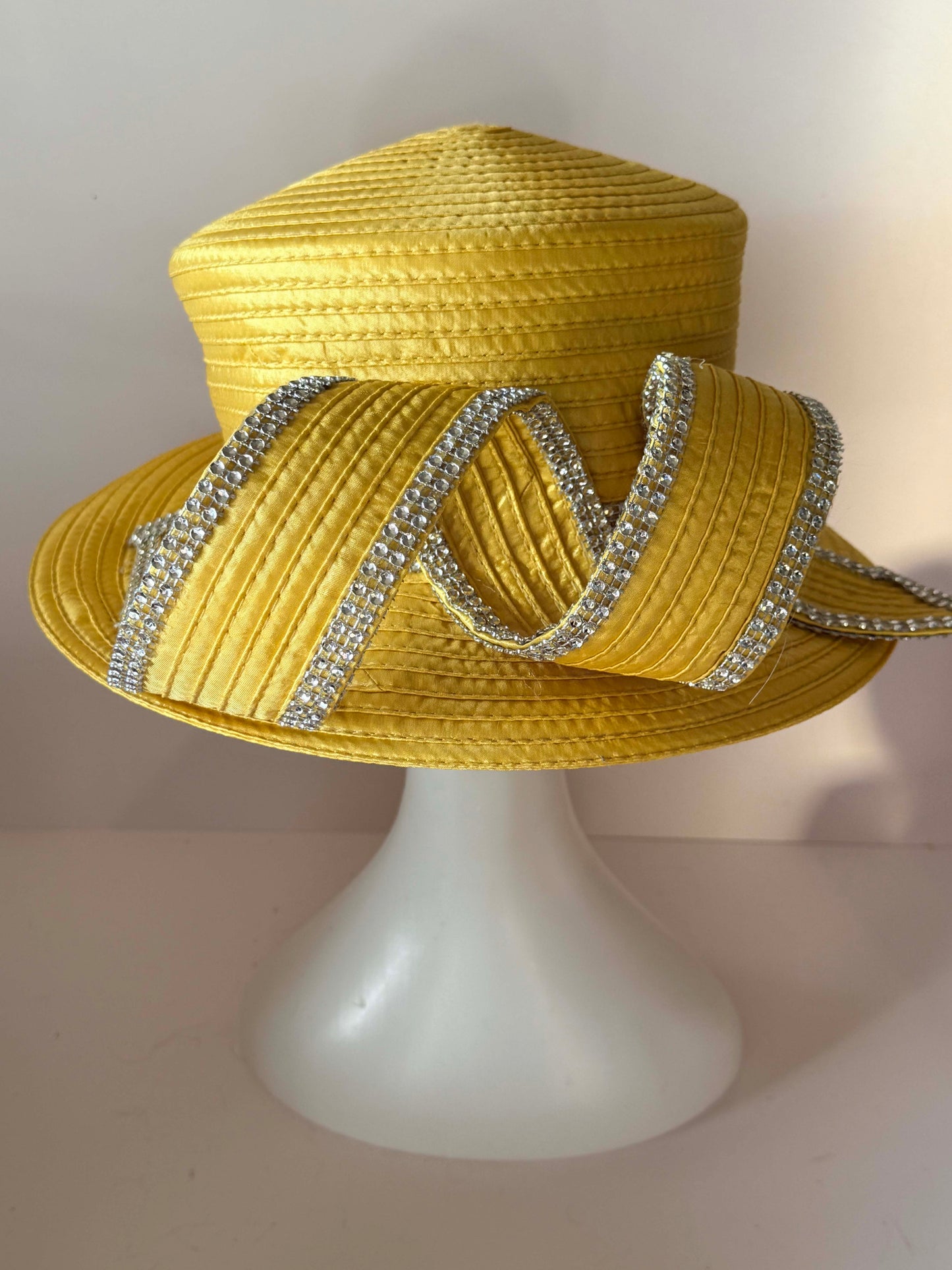 Vintage Gold Satin Ribbon Hat | Rhinestone Trim Couture Church Hat | Sculptural Statement Millinery | Glamorous Derby Hat