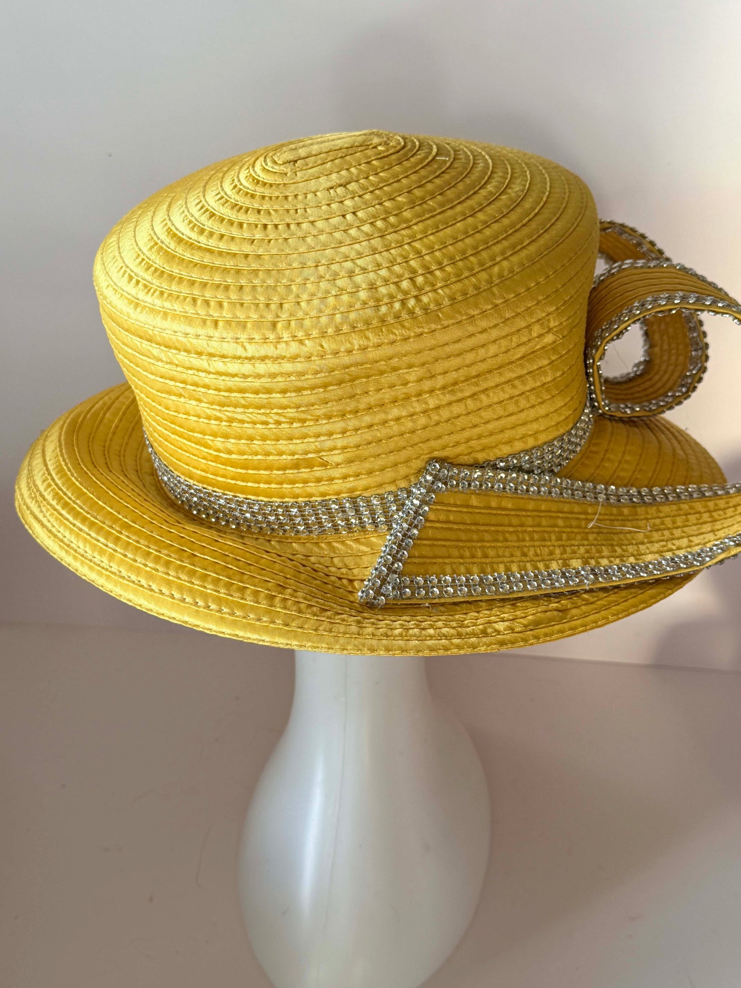 Vintage Gold Satin Ribbon Hat | Rhinestone Trim Couture Church Hat | Sculptural Statement Millinery | Glamorous Derby Hat