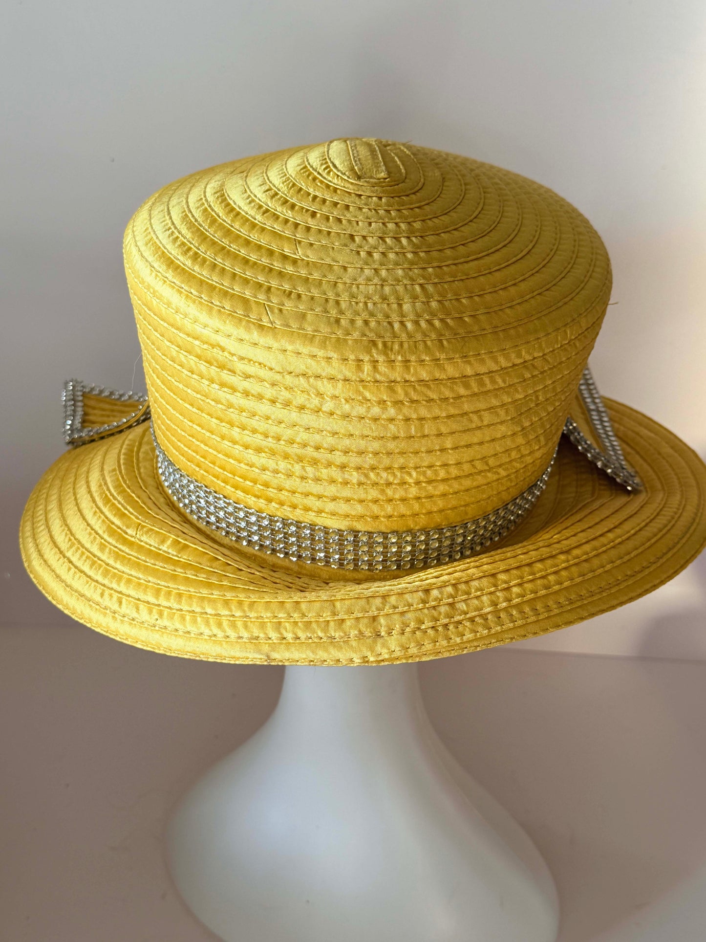 Vintage Gold Satin Ribbon Hat | Rhinestone Trim Couture Church Hat | Sculptural Statement Millinery | Glamorous Derby Hat