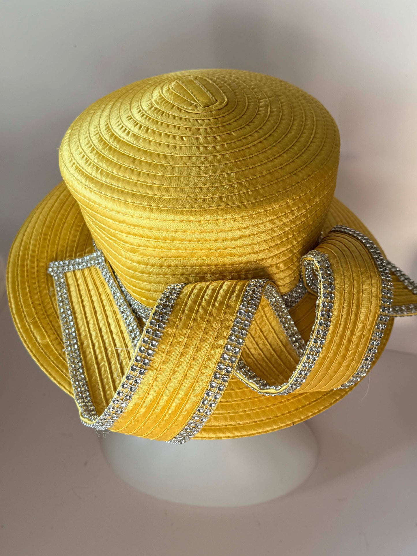 Vintage Gold Satin Ribbon Hat | Rhinestone Trim Couture Church Hat | Sculptural Statement Millinery | Glamorous Derby Hat