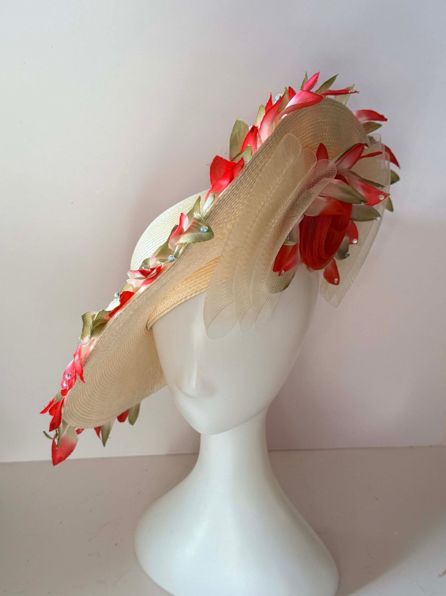 Vintage Floral Wide Brim Hat | Dramatic Flower Trim Sun Hat | 1960s Garden Party Statement Hat | Couture Derby Millinery