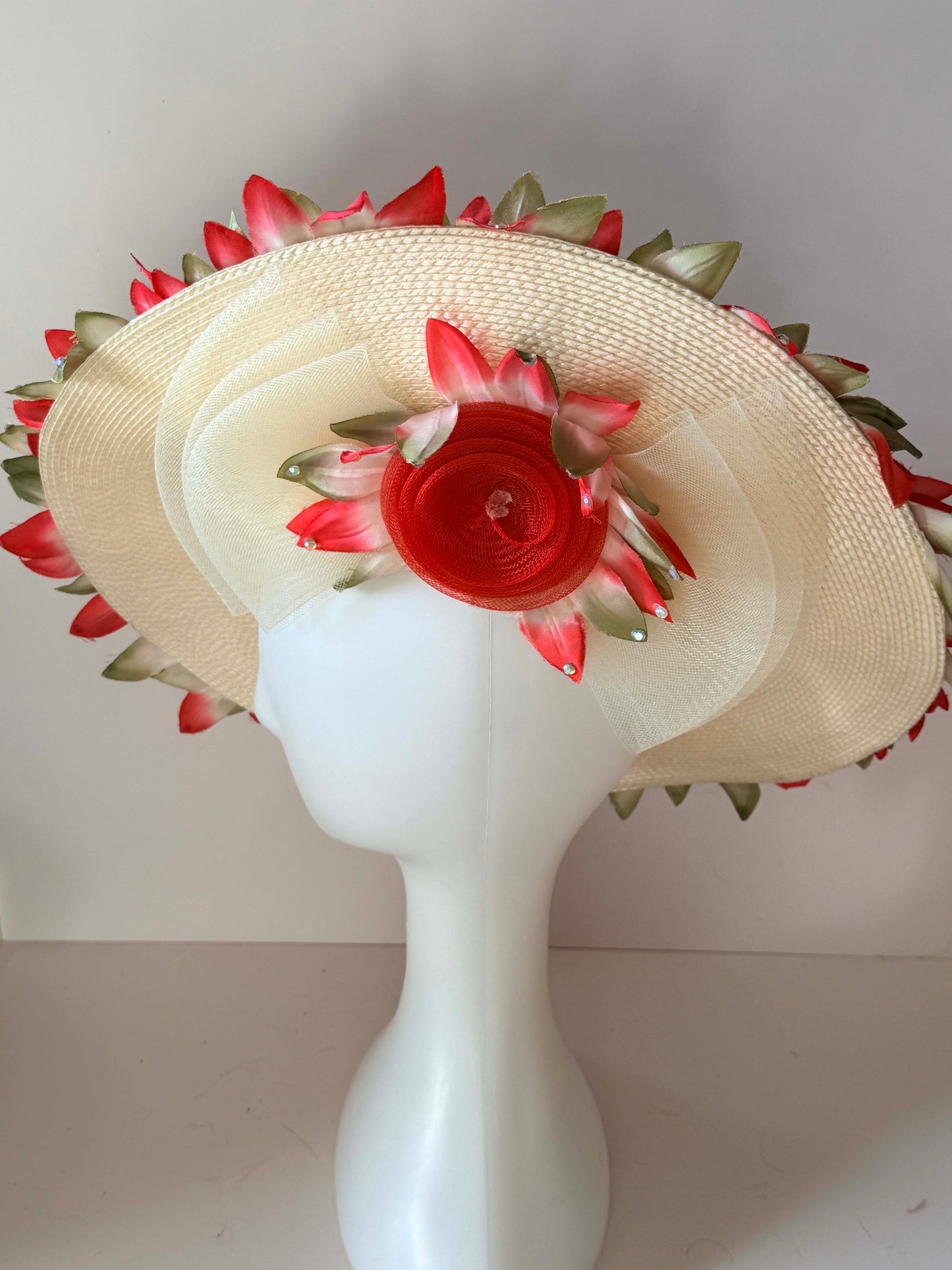 Vintage Floral Wide Brim Hat | Dramatic Flower Trim Sun Hat | 1960s Garden Party Statement Hat | Couture Derby Millinery