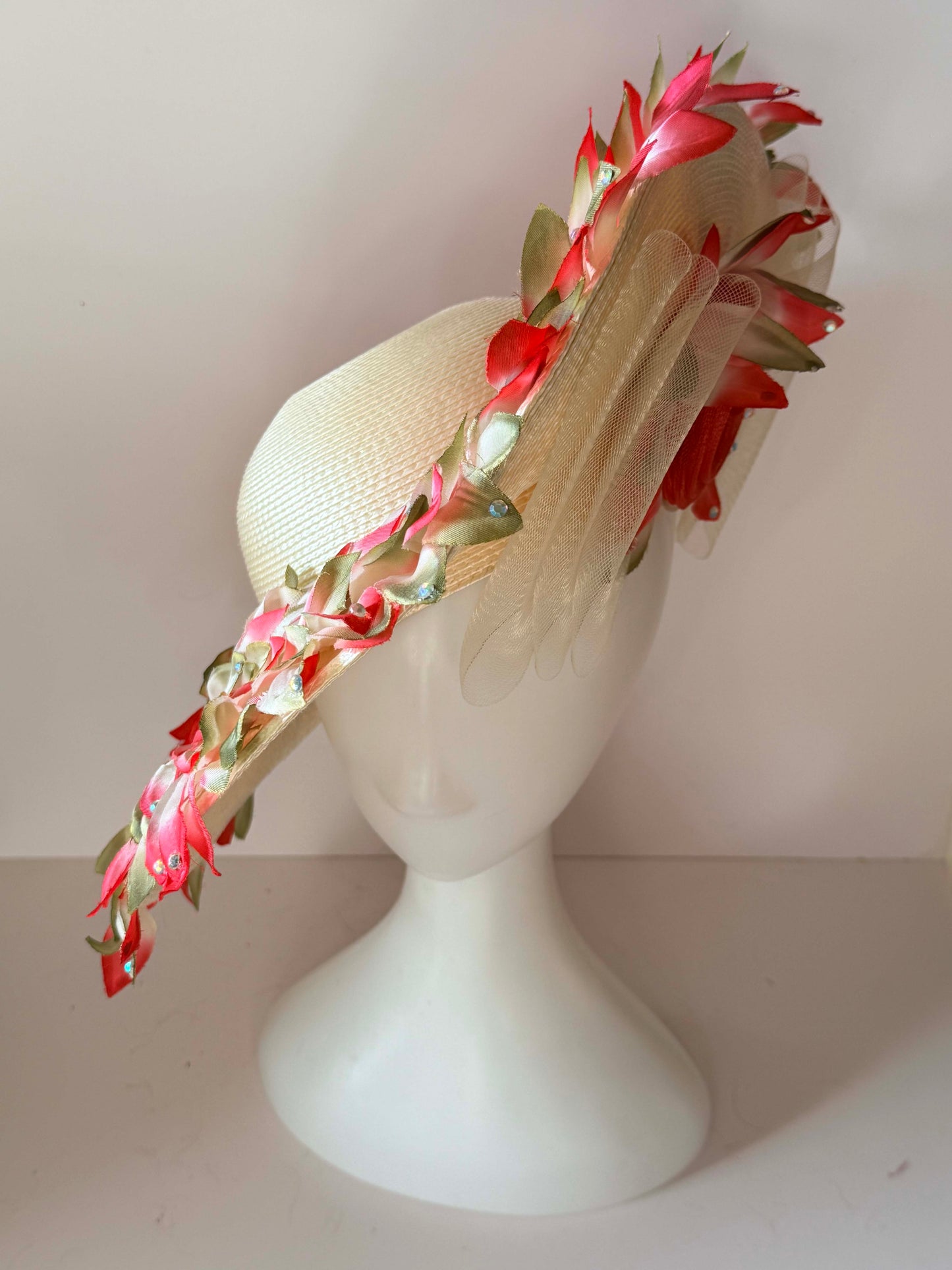 Vintage Floral Wide Brim Hat | Dramatic Flower Trim Sun Hat | 1960s Garden Party Statement Hat | Couture Derby Millinery