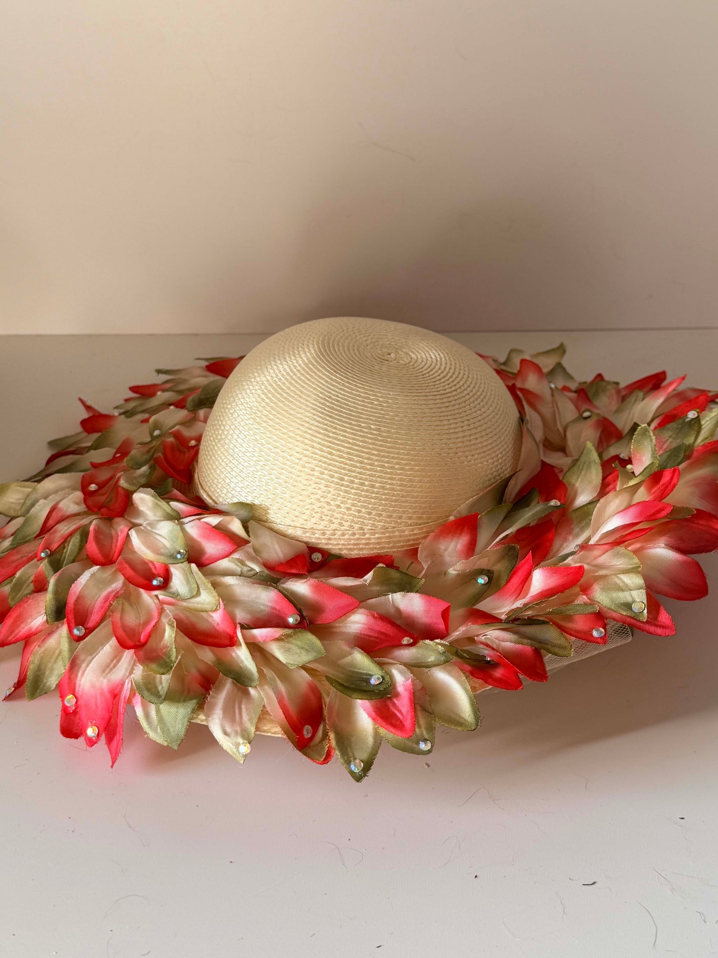 Vintage Floral Wide Brim Hat | Dramatic Flower Trim Sun Hat | 1960s Garden Party Statement Hat | Couture Derby Millinery