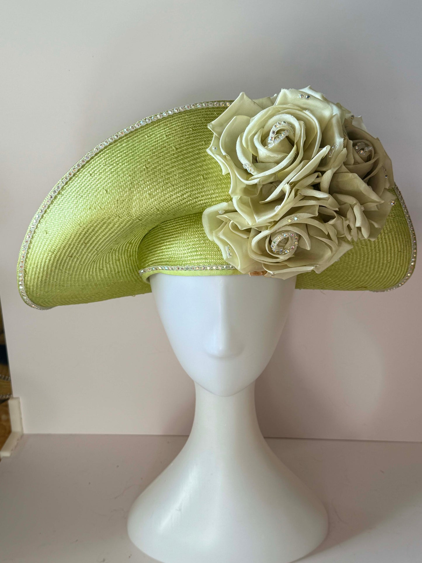 Vintage Jack McConnell Wide Brim Hat | Lime Green Floral Statement Hat | Couture Derby Hat | Rhinestone Rose Millinery