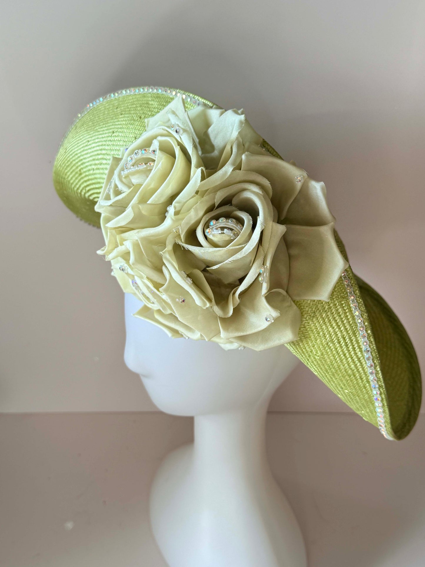 Vintage Jack McConnell Wide Brim Hat | Lime Green Floral Statement Hat | Couture Derby Hat | Rhinestone Rose Millinery