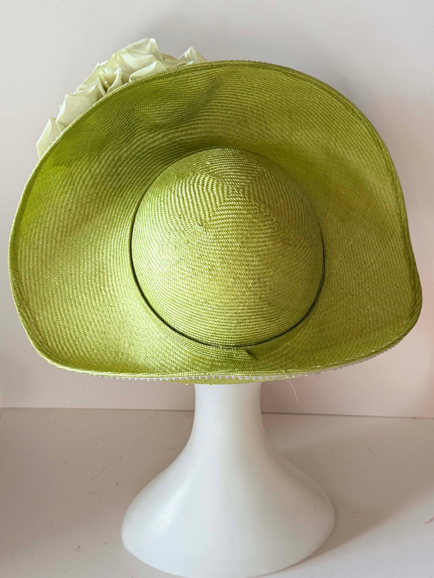 Vintage Jack McConnell Wide Brim Hat | Lime Green Floral Statement Hat | Couture Derby Hat | Rhinestone Rose Millinery