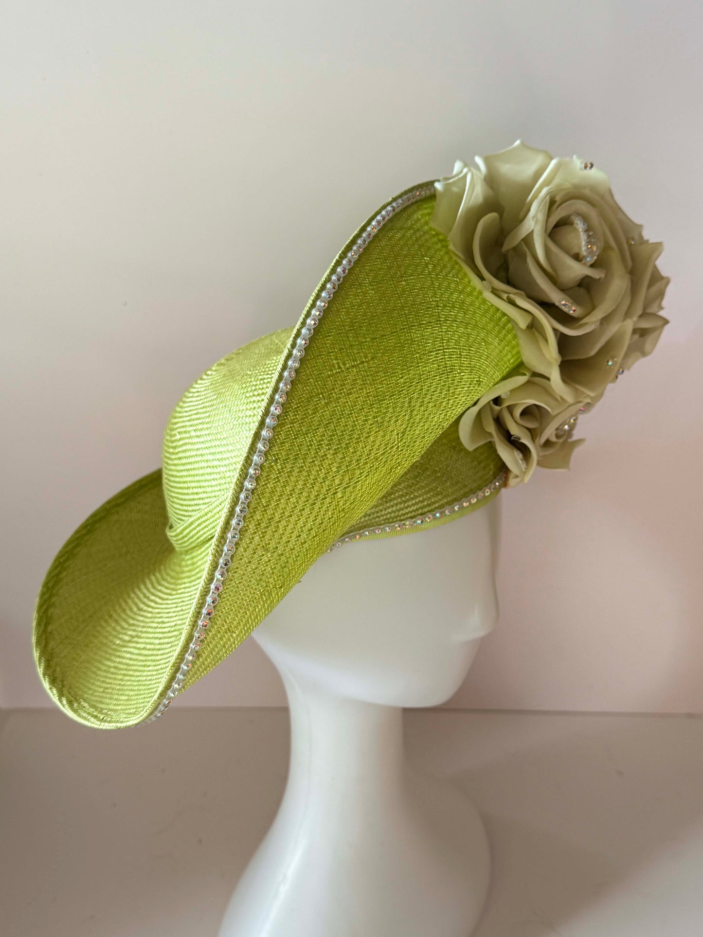 Vintage Jack McConnell Wide Brim Hat | Lime Green Floral Statement Hat | Couture Derby Hat | Rhinestone Rose Millinery